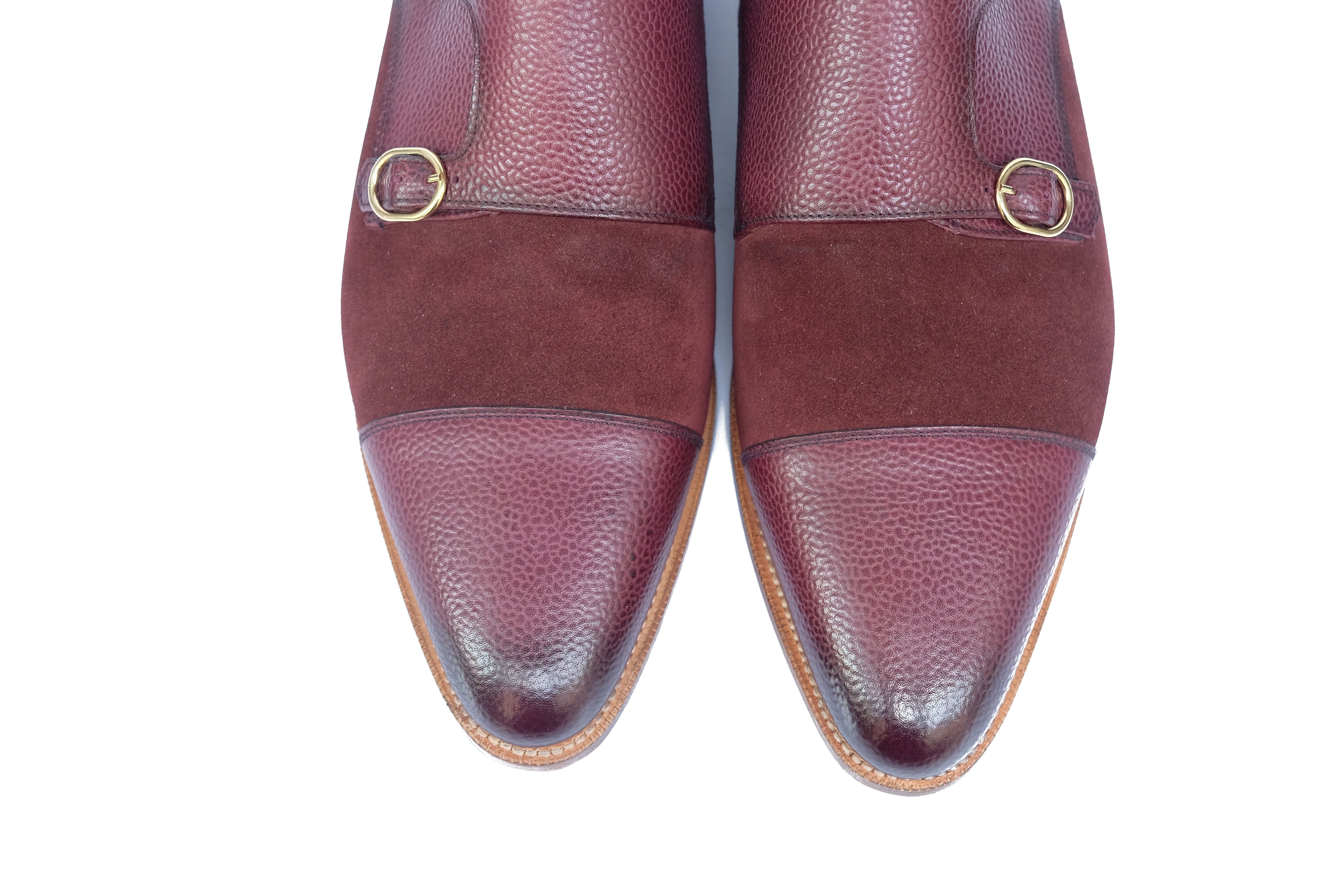 Kent - MTO - Burnished Burgundy Scotch Grain / Burgundy Suede - JKF Last - Gold Hardware - Single Leather Sole - Natural Edging / Black Bottom