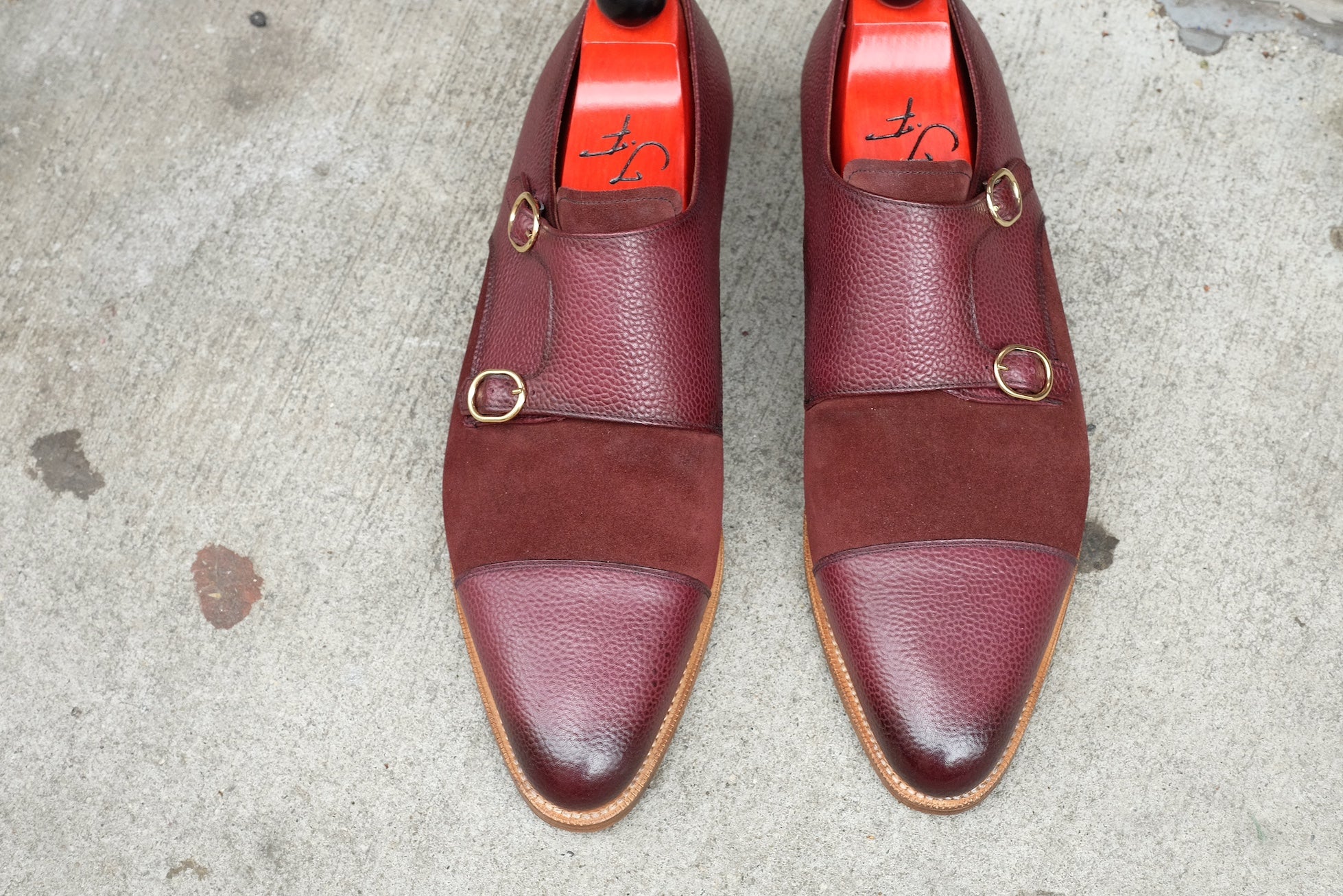 Kent - MTO - Burnished Burgundy Scotch Grain / Burgundy Suede - JKF Last - Gold Hardware - Single Leather Sole - Natural Edging / Black Bottom