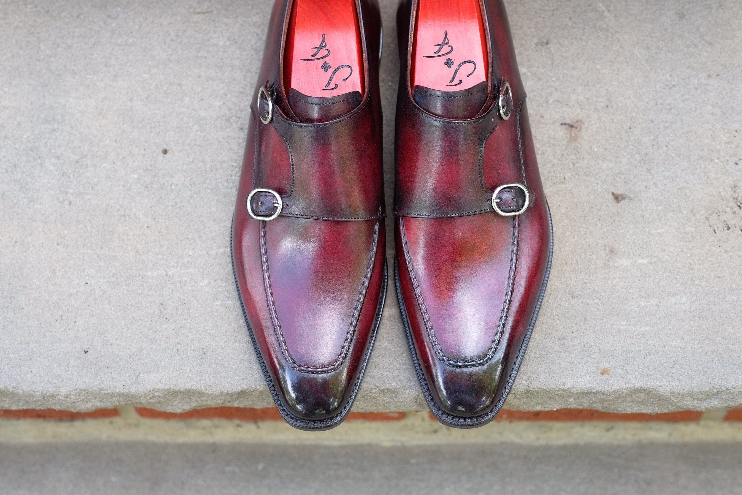 Montlake - Burnished Marbled Burgundy Patina - GMTO-Custom Patina Double Monk Strap Monkstraps-J.FitzPatrick Footwear - GMTO-J.FitzPatrick Footwear