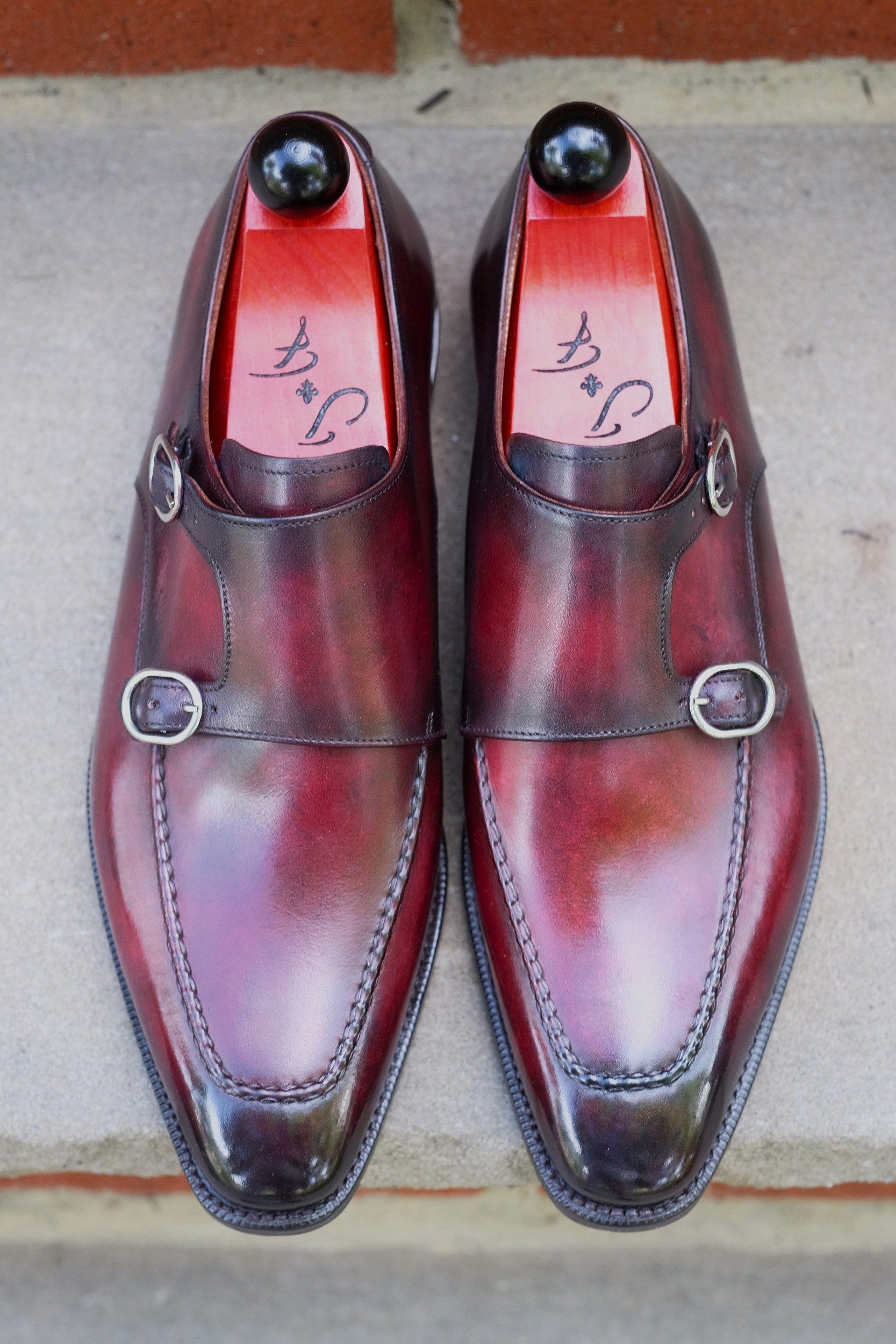 Montlake - Burnished Marbled Burgundy Patina - GMTO-Custom Patina Double Monk Strap Monkstraps-J.FitzPatrick Footwear - GMTO-J.FitzPatrick Footwear