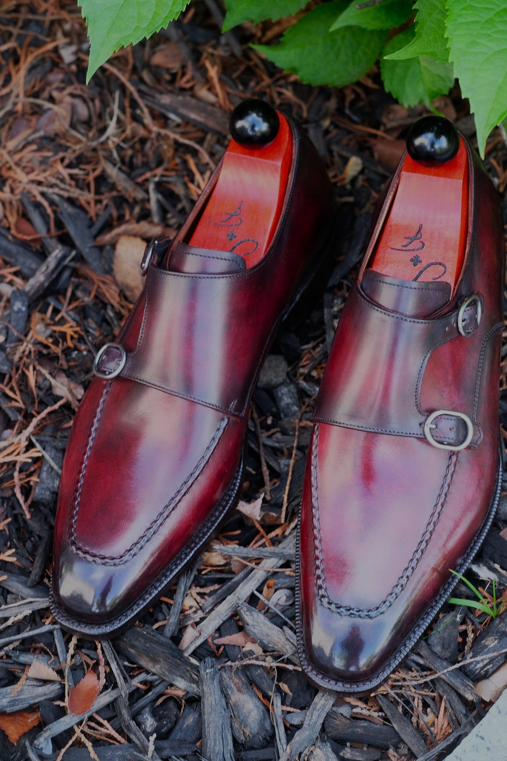 Montlake - Burnished Marbled Burgundy Patina - GMTO-Custom Patina Double Monk Strap Monkstraps-J.FitzPatrick Footwear - GMTO-J.FitzPatrick Footwear