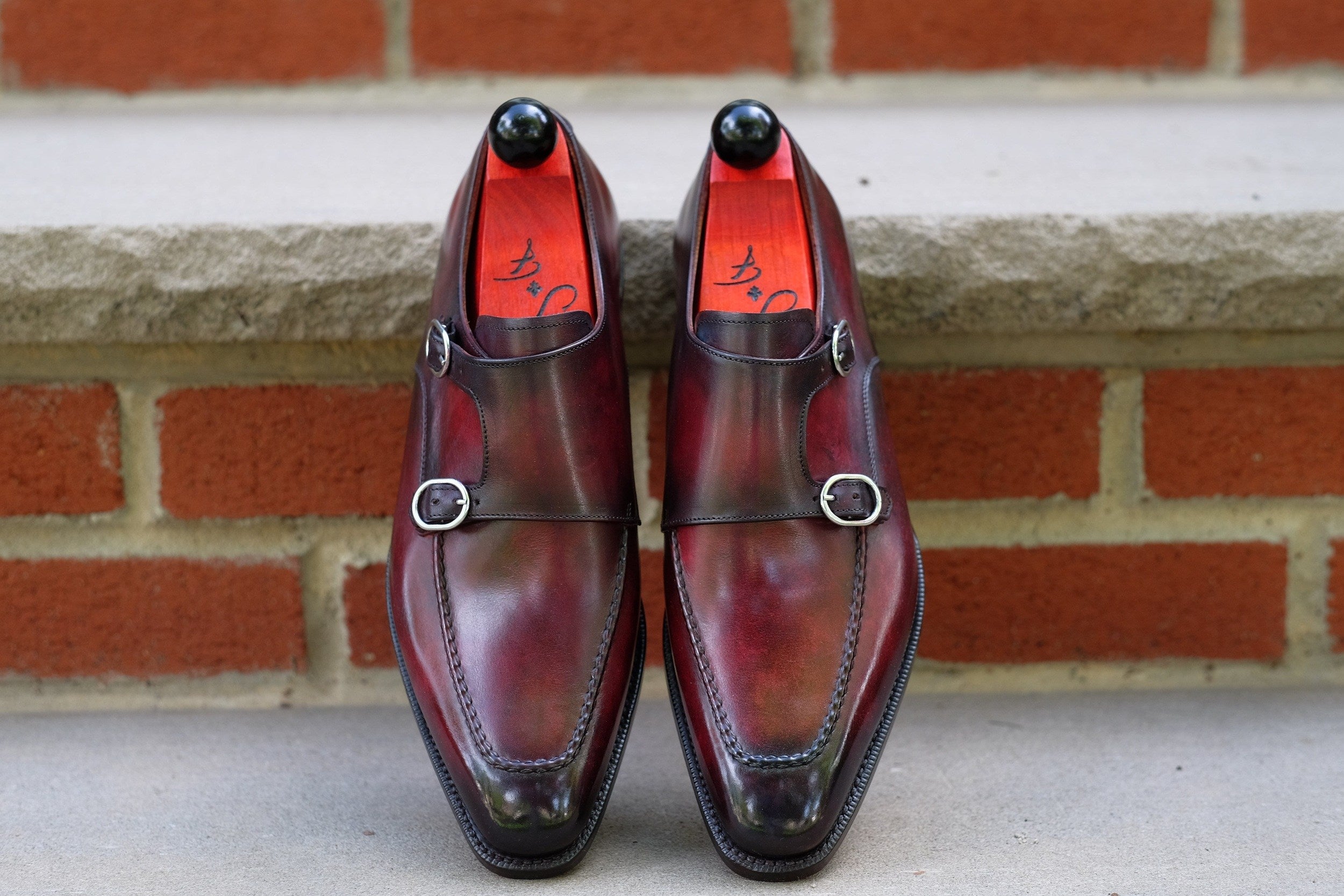 Montlake - Burnished Marbled Burgundy Patina - GMTO-Custom Patina Double Monk Strap Monkstraps-J.FitzPatrick Footwear - GMTO-J.FitzPatrick Footwear