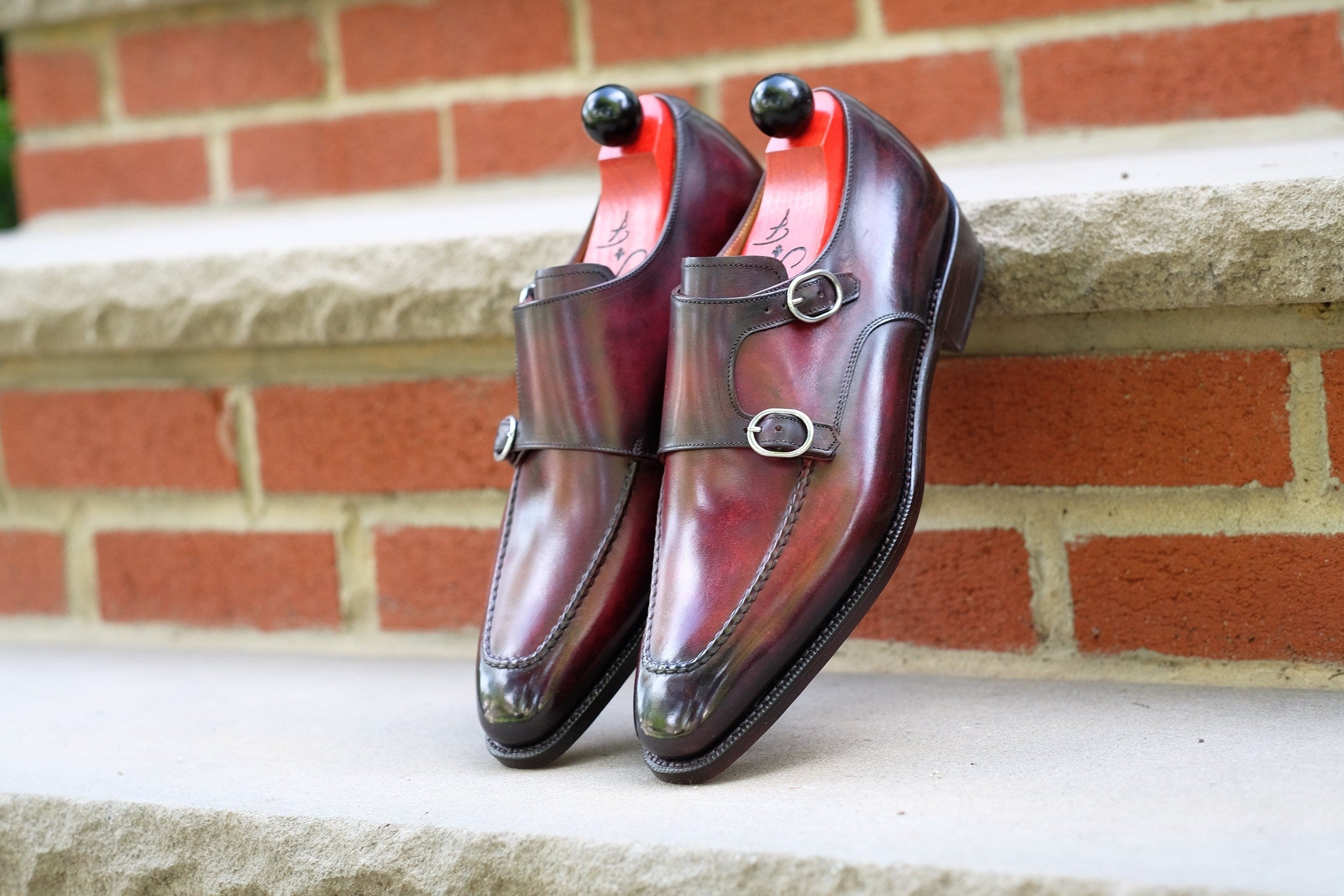 Montlake - Burnished Marbled Burgundy Patina - GMTO-Custom Patina Double Monk Strap Monkstraps-J.FitzPatrick Footwear - GMTO-J.FitzPatrick Footwear
