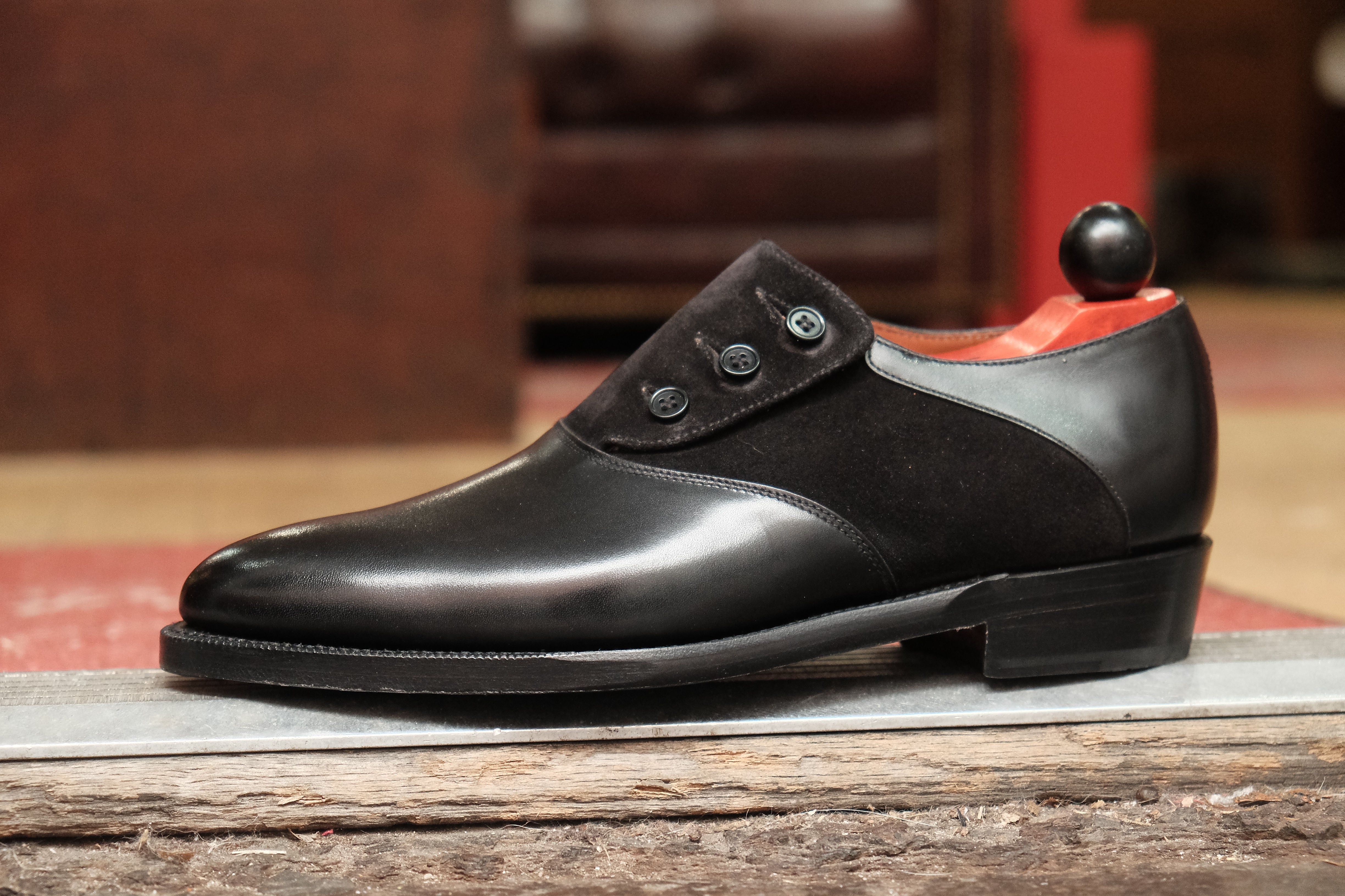 Aurora - MTO - Black Calf / Black Suede - TMG Last - Double Leather Sole-Made To Order Button Shoe Plain Toe-J.FitzPatrick Footwear
