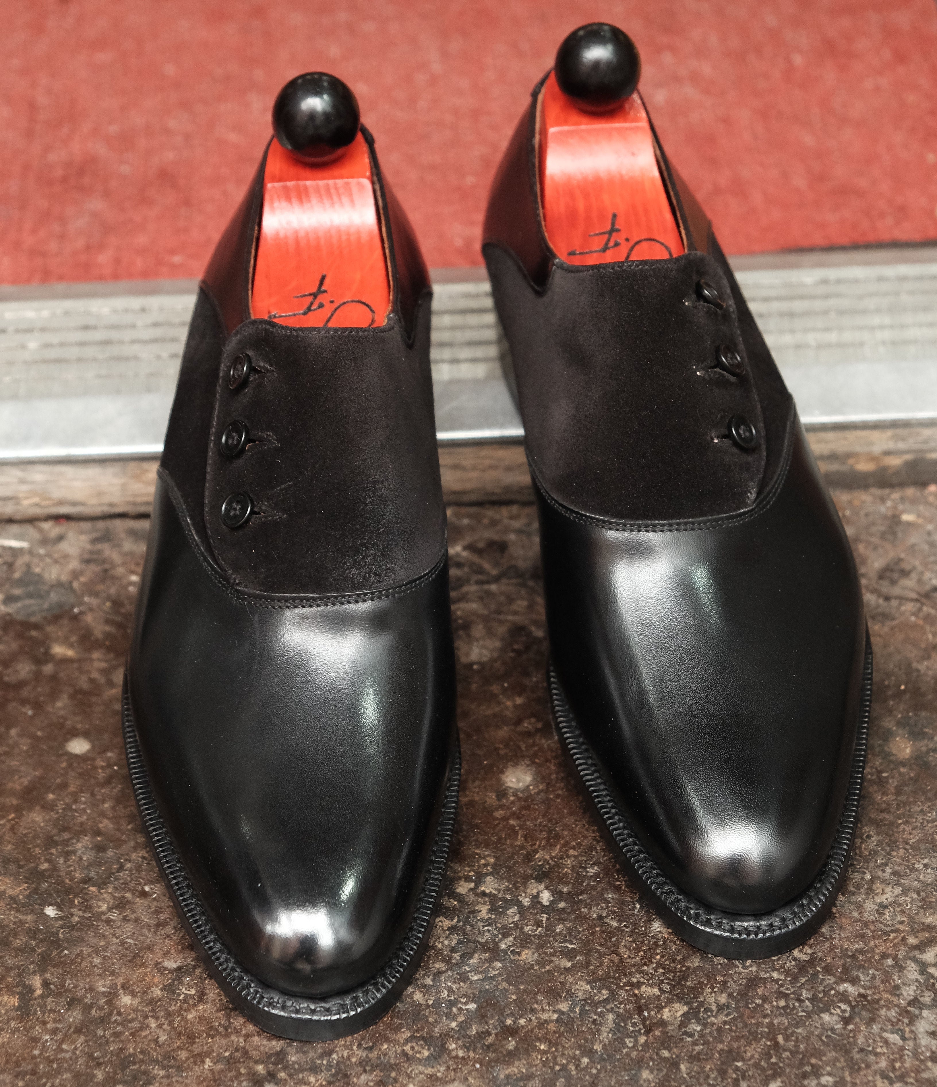 Aurora - MTO - Black Calf / Black Suede - TMG Last - Double Leather Sole-Made To Order Button Shoe Plain Toe-J.FitzPatrick Footwear