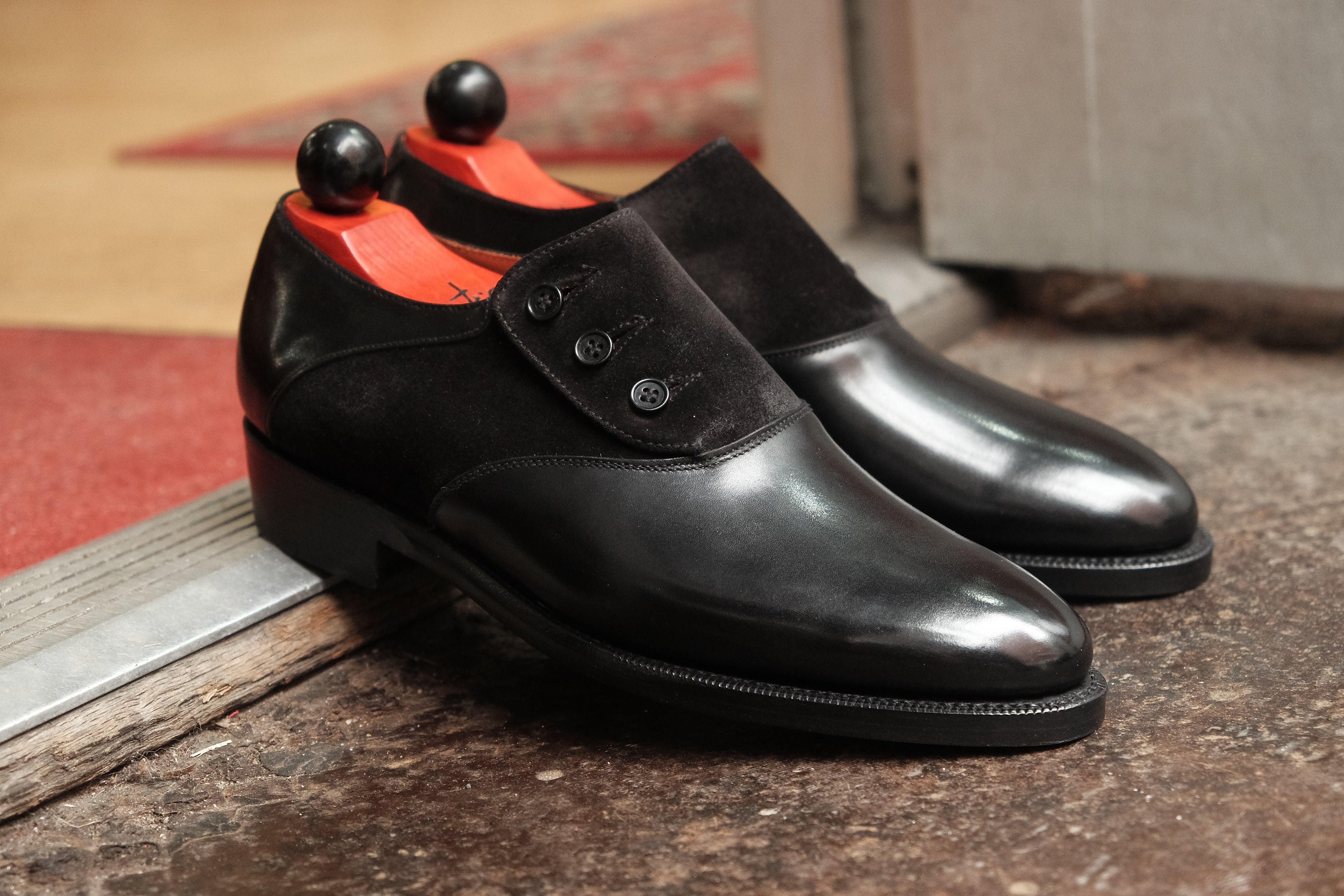 Aurora - MTO - Black Calf / Black Suede - TMG Last - Double Leather Sole-Made To Order Button Shoe Plain Toe-J.FitzPatrick Footwear