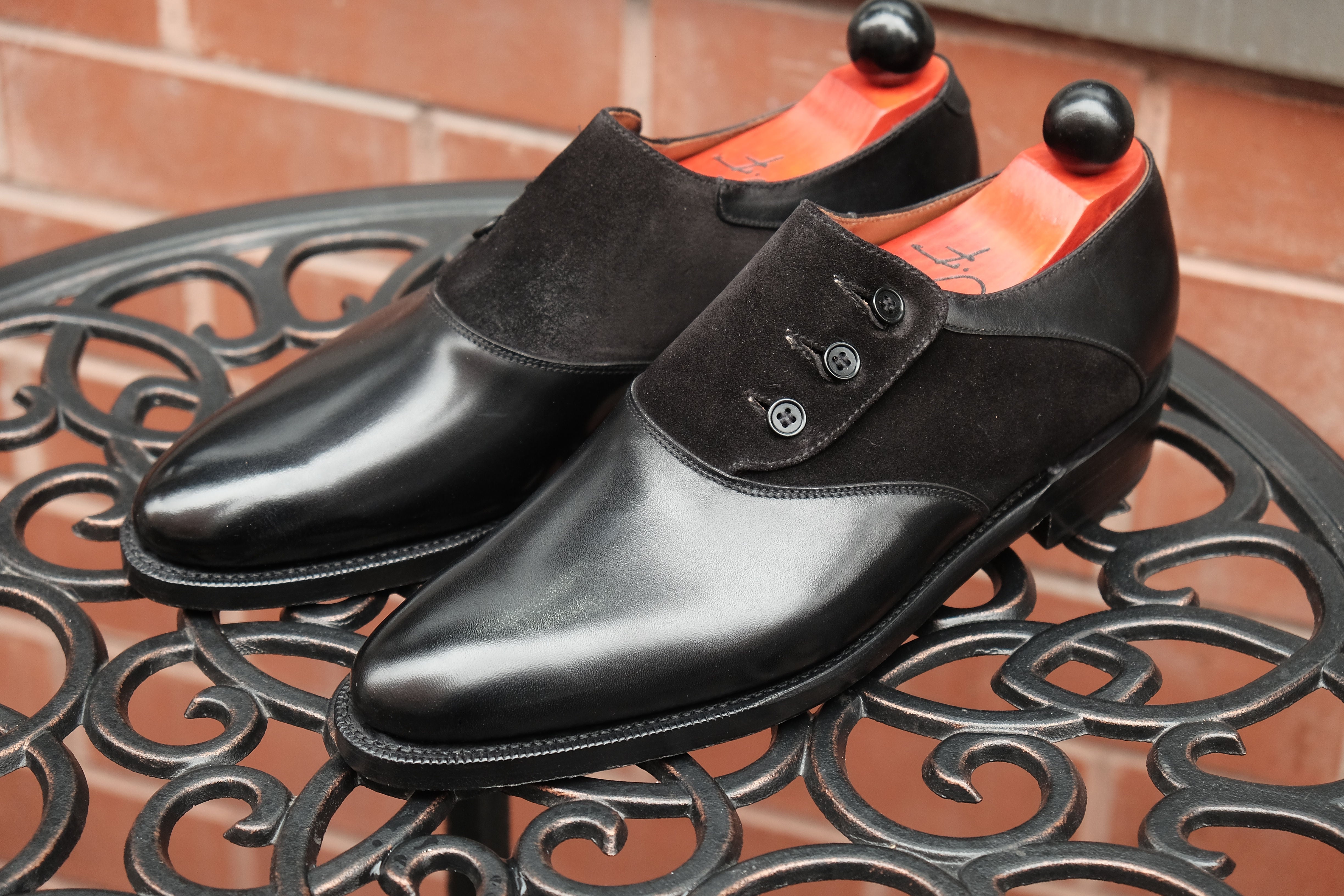 Aurora - MTO - Black Calf / Black Suede - TMG Last - Double Leather Sole-Made To Order Button Shoe Plain Toe-J.FitzPatrick Footwear