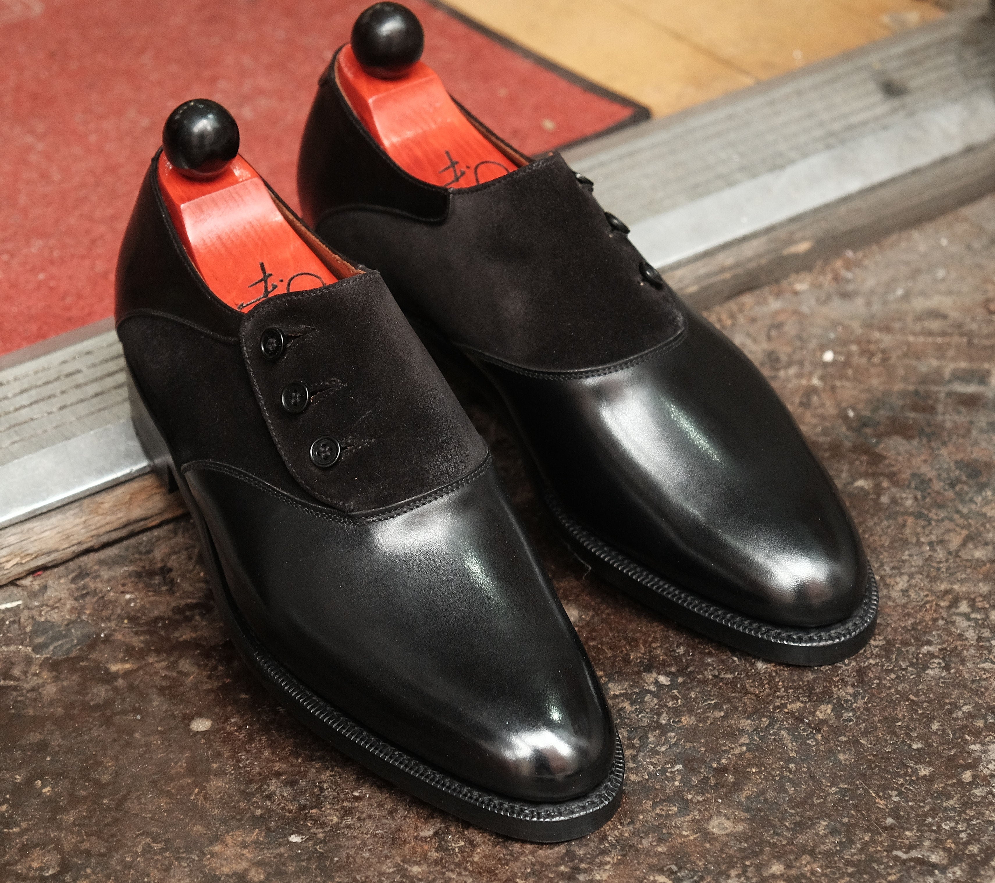 Aurora - MTO - Black Calf / Black Suede - TMG Last - Double Leather Sole-Made To Order Button Shoe Plain Toe-J.FitzPatrick Footwear