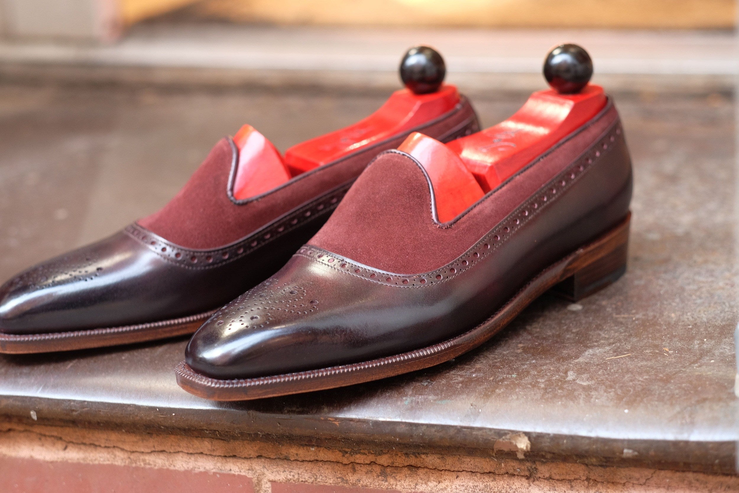 Bothell - MTO - Plum Museum Calf / Burgundy Suede - LPB Last - Single Leather Sole-Made To Order Slipper Loafer Brogue-J.FitzPatrick Footwear