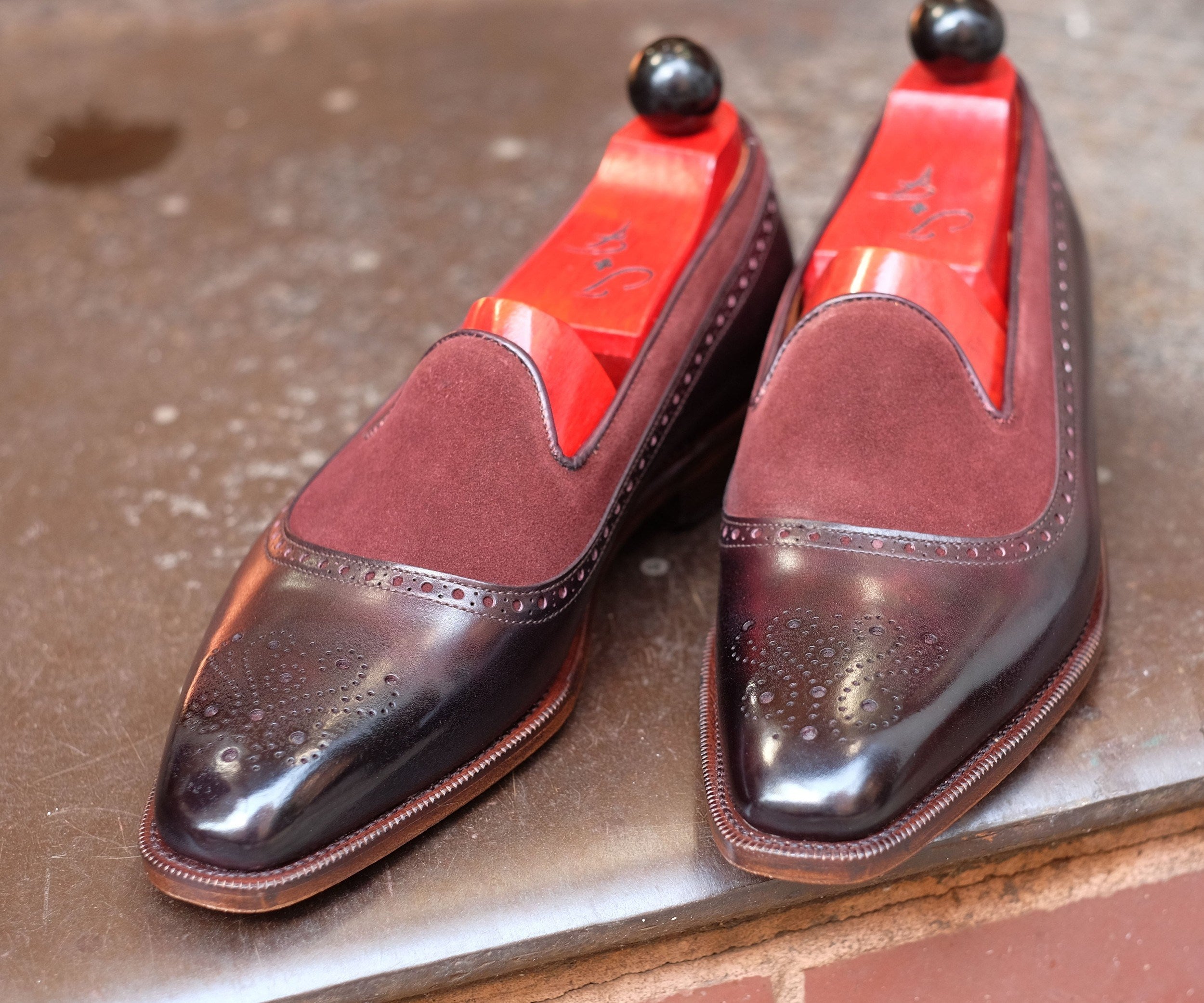 Bothell - MTO - Plum Museum Calf / Burgundy Suede - LPB Last - Single Leather Sole-Made To Order Slipper Loafer Brogue-J.FitzPatrick Footwear