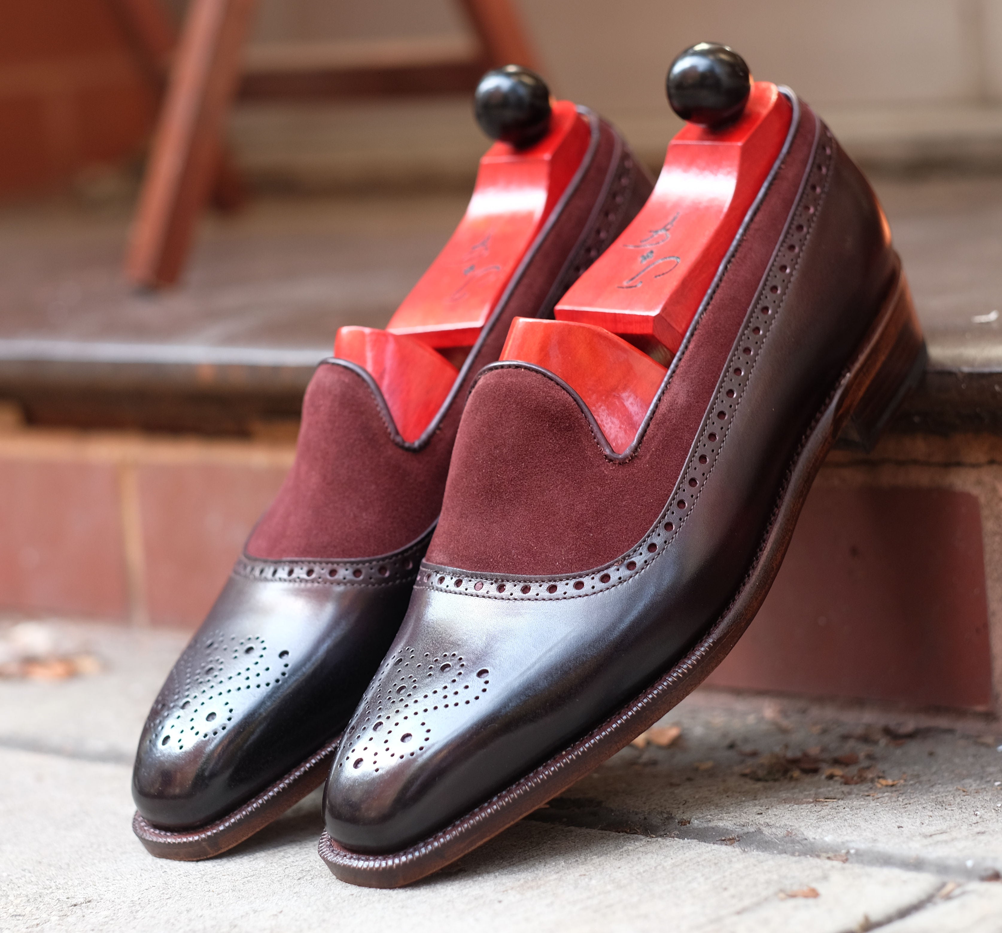Bothell - MTO - Plum Museum Calf / Burgundy Suede - LPB Last - Single Leather Sole-Made To Order Slipper Loafer Brogue-J.FitzPatrick Footwear