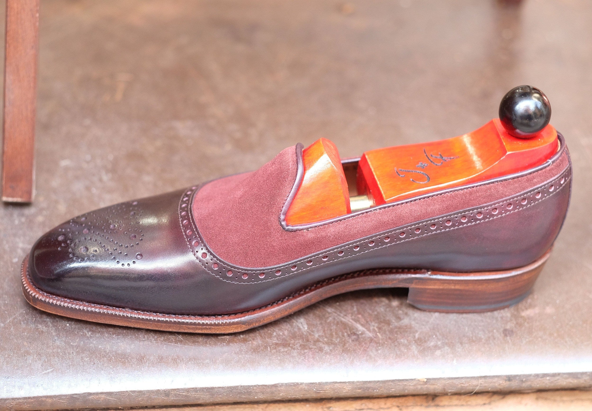 Bothell - MTO - Plum Museum Calf / Burgundy Suede - LPB Last - Single Leather Sole-Made To Order Slipper Loafer Brogue-J.FitzPatrick Footwear