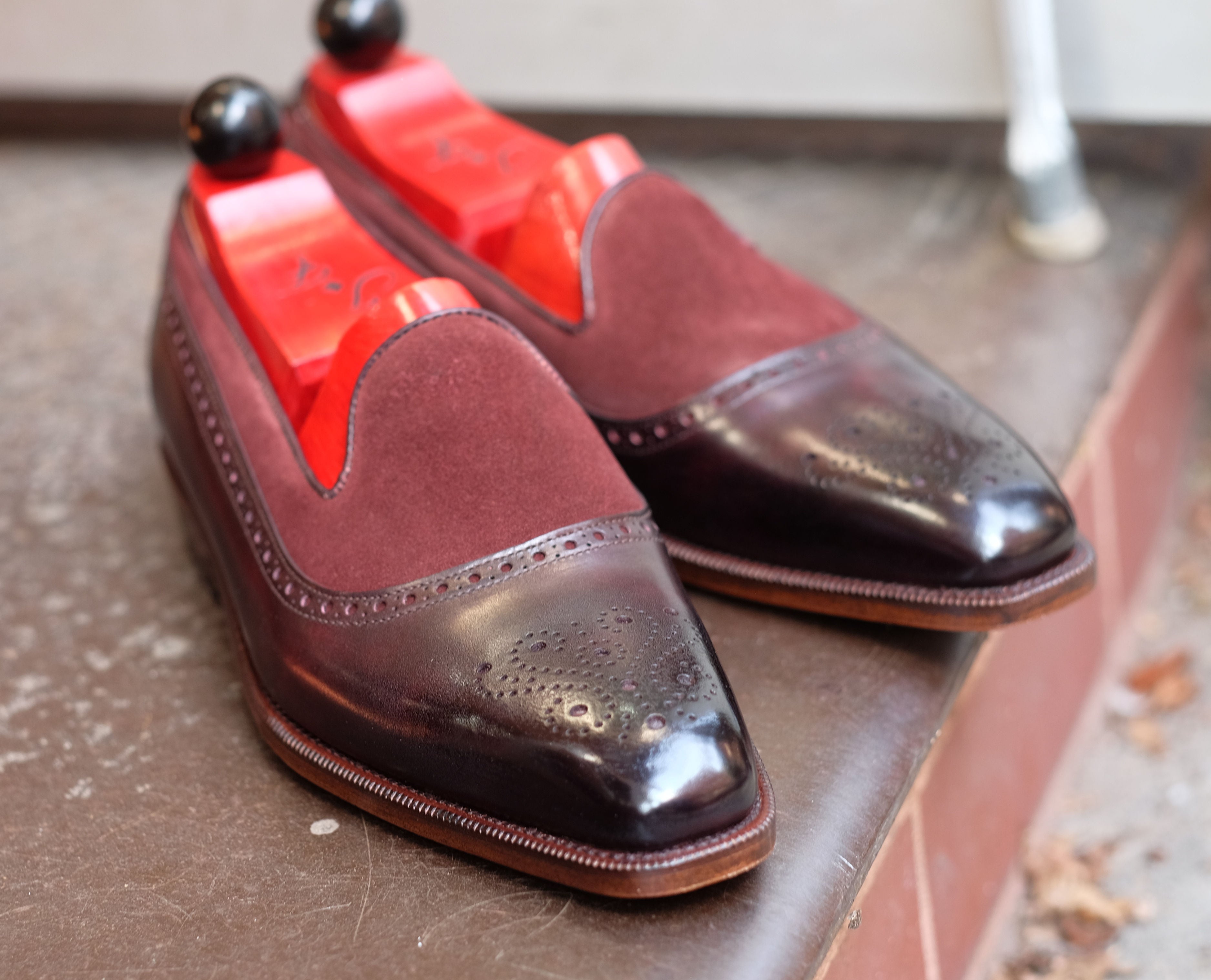 Bothell - MTO - Plum Museum Calf / Burgundy Suede - LPB Last - Single Leather Sole-Made To Order Slipper Loafer Brogue-J.FitzPatrick Footwear