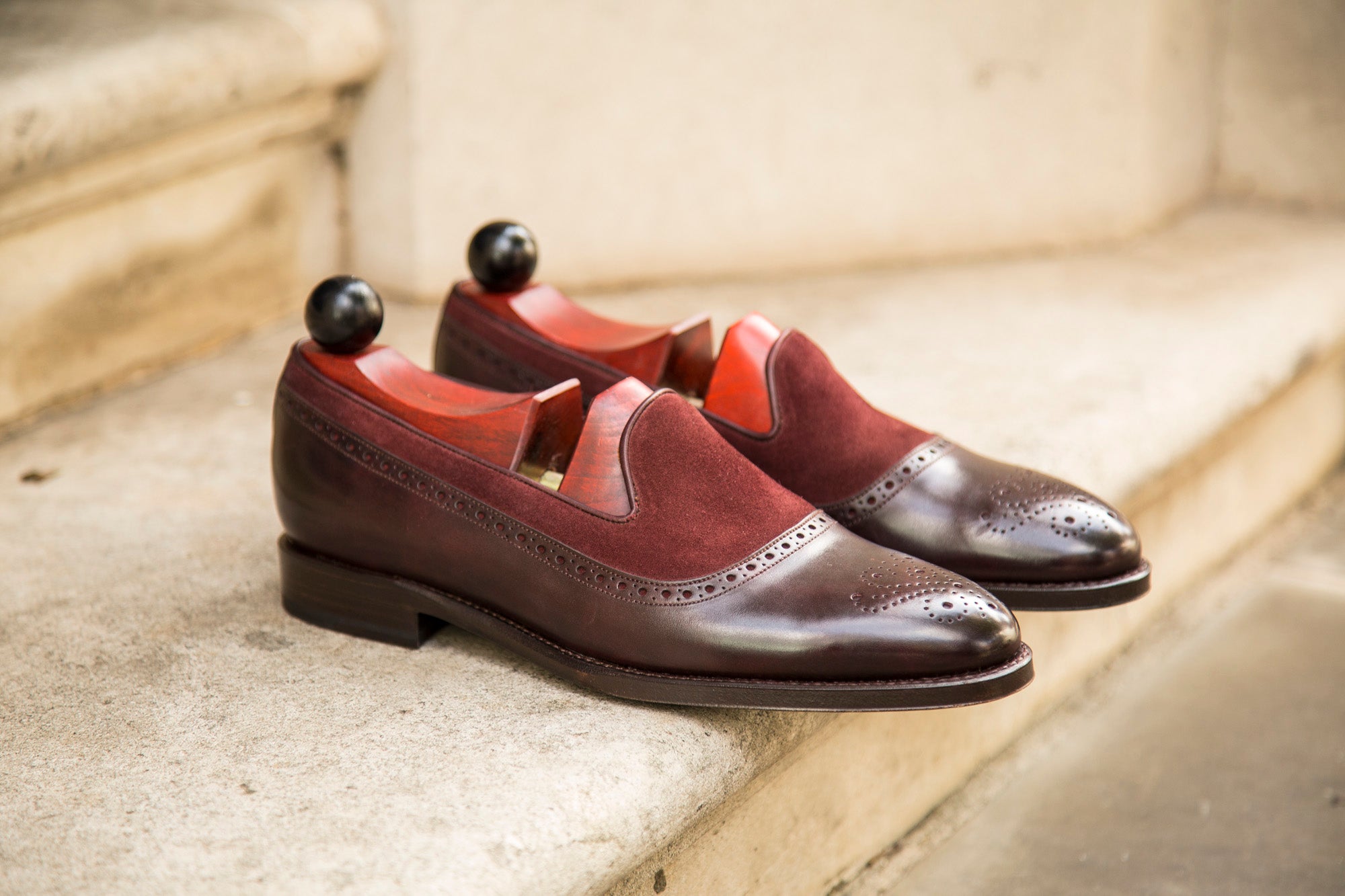 Bothell - MTO - Plum Museum Calf / Burgundy Suede - TMG Last - Single Leather Sole-Made To Order Slipper Loafer Brogue-J.FitzPatrick Footwear