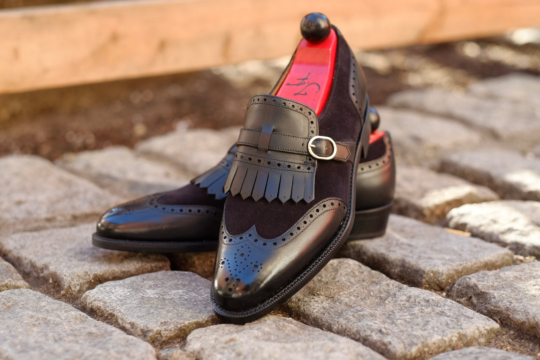 Camano MTO - Black Calf / Black Suede-Made To Order Single Monkstrap Wingtip Brogue-J.FitzPatrick Footwear