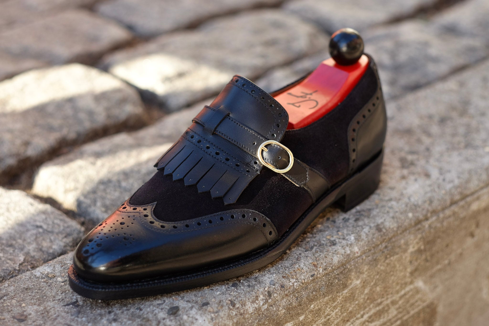 Camano MTO - Black Calf / Black Suede-Made To Order Single Monkstrap Wingtip Brogue-J.FitzPatrick Footwear