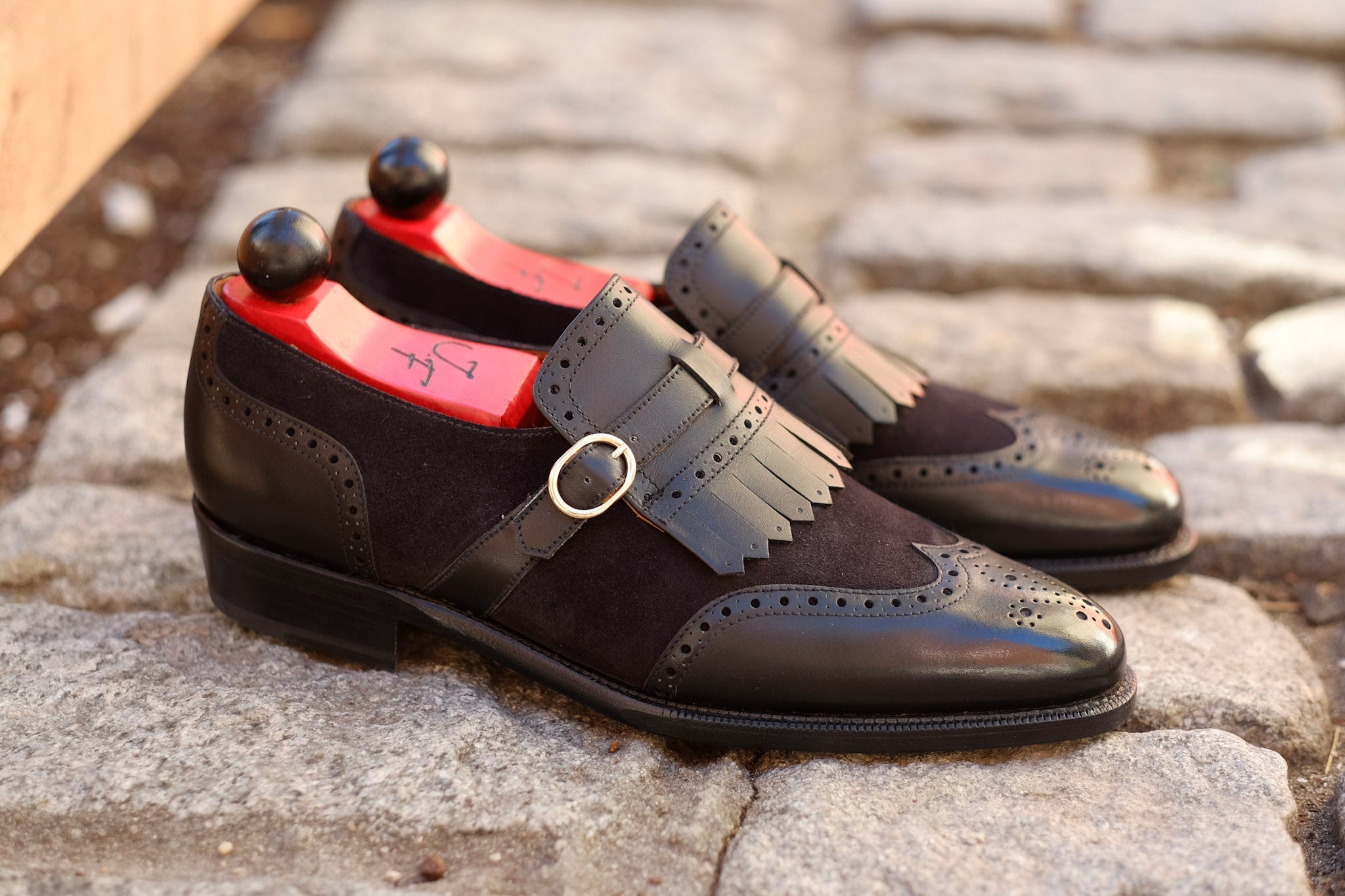 Camano MTO - Black Calf / Black Suede-Made To Order Single Monkstrap Wingtip Brogue-J.FitzPatrick Footwear