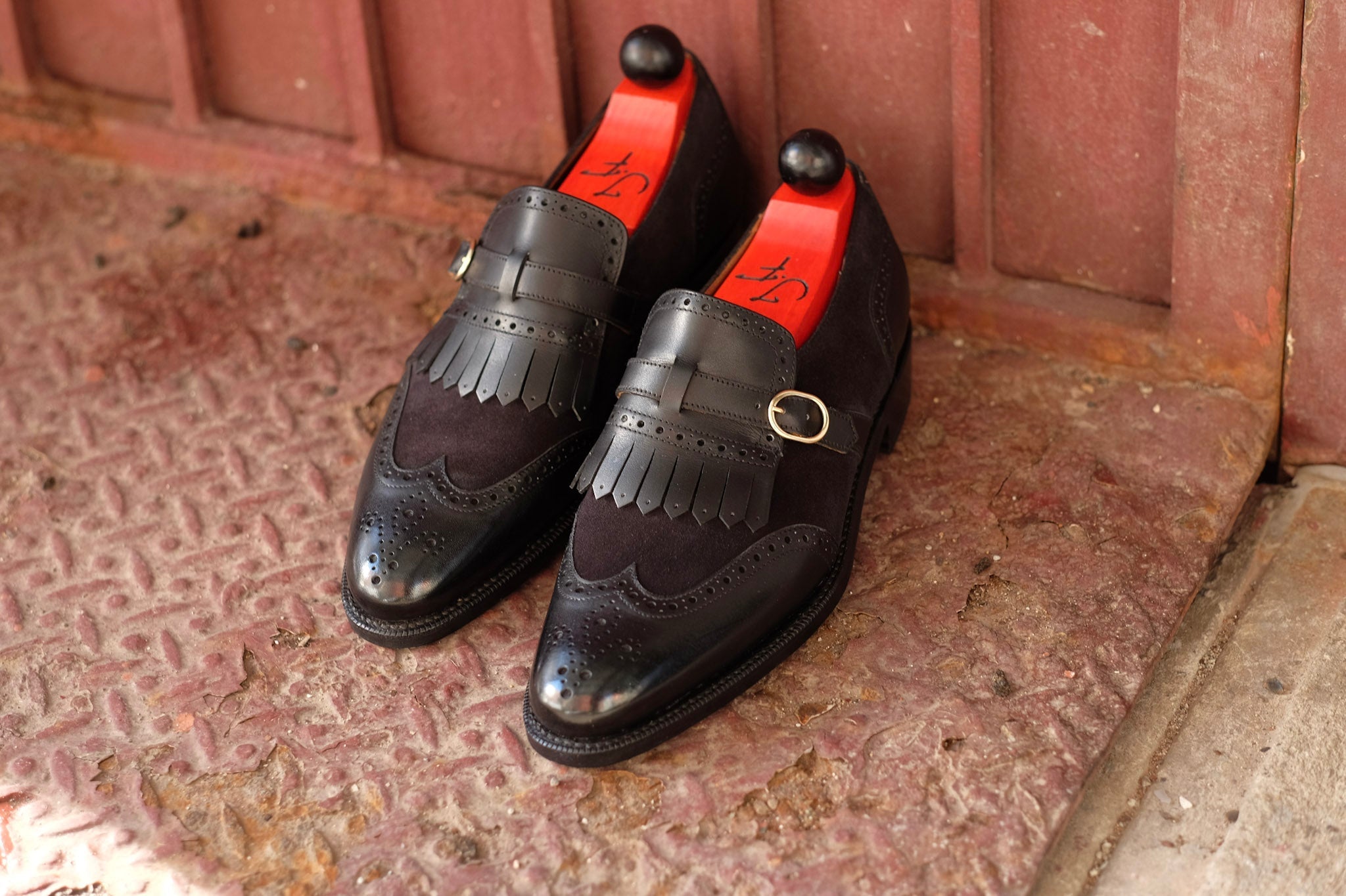 Camano MTO - Black Calf / Black Suede-Made To Order Single Monkstrap Wingtip Brogue-J.FitzPatrick Footwear