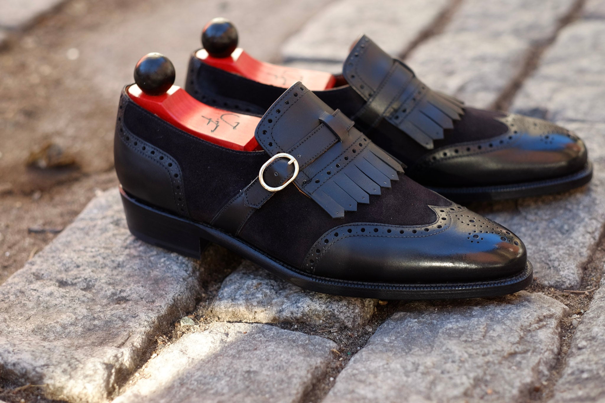 Camano MTO - Black Calf / Black Suede-Made To Order Single Monkstrap Wingtip Brogue-J.FitzPatrick Footwear