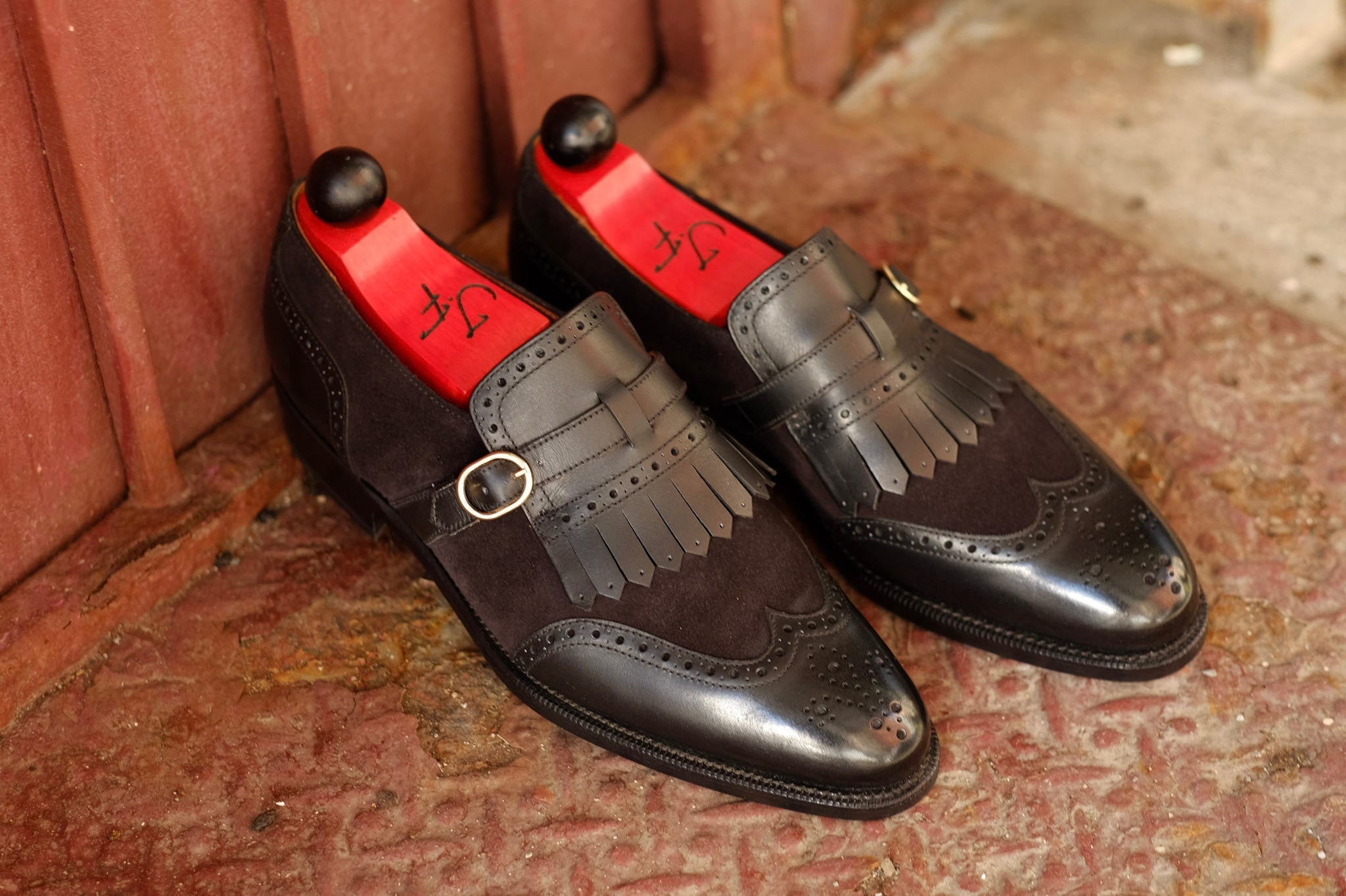Camano MTO - Black Calf / Black Suede-Made To Order Single Monkstrap Wingtip Brogue-J.FitzPatrick Footwear