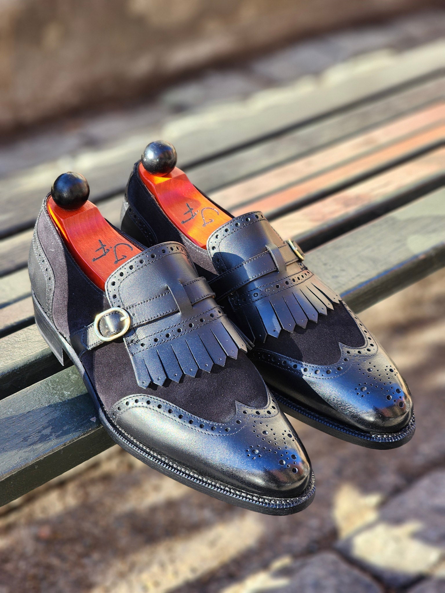 Camano MTO - Black Calf / Black Suede-Made To Order Single Monkstrap Wingtip Brogue-J.FitzPatrick Footwear