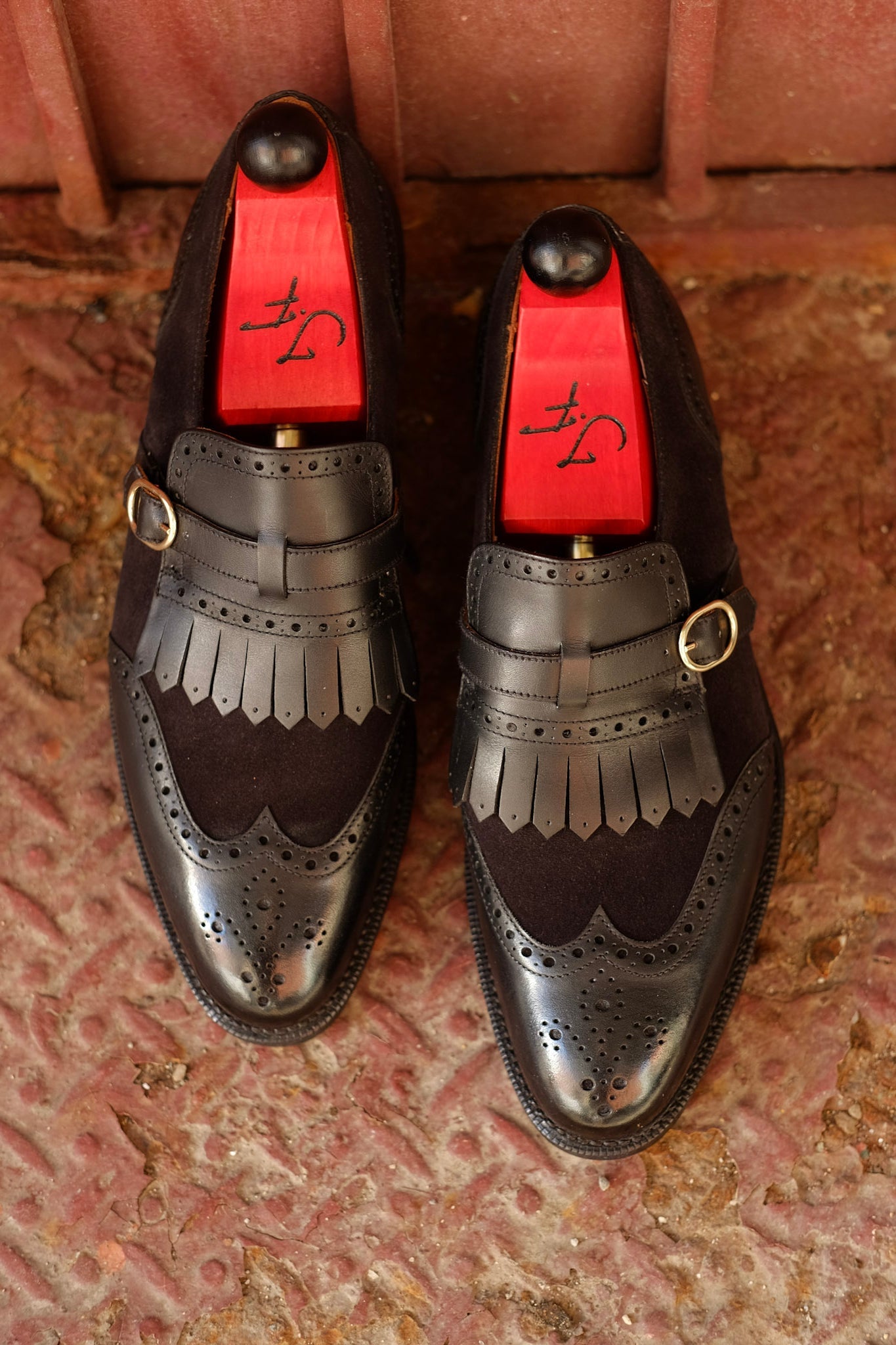 Camano MTO - Black Calf / Black Suede-Made To Order Single Monkstrap Wingtip Brogue-J.FitzPatrick Footwear