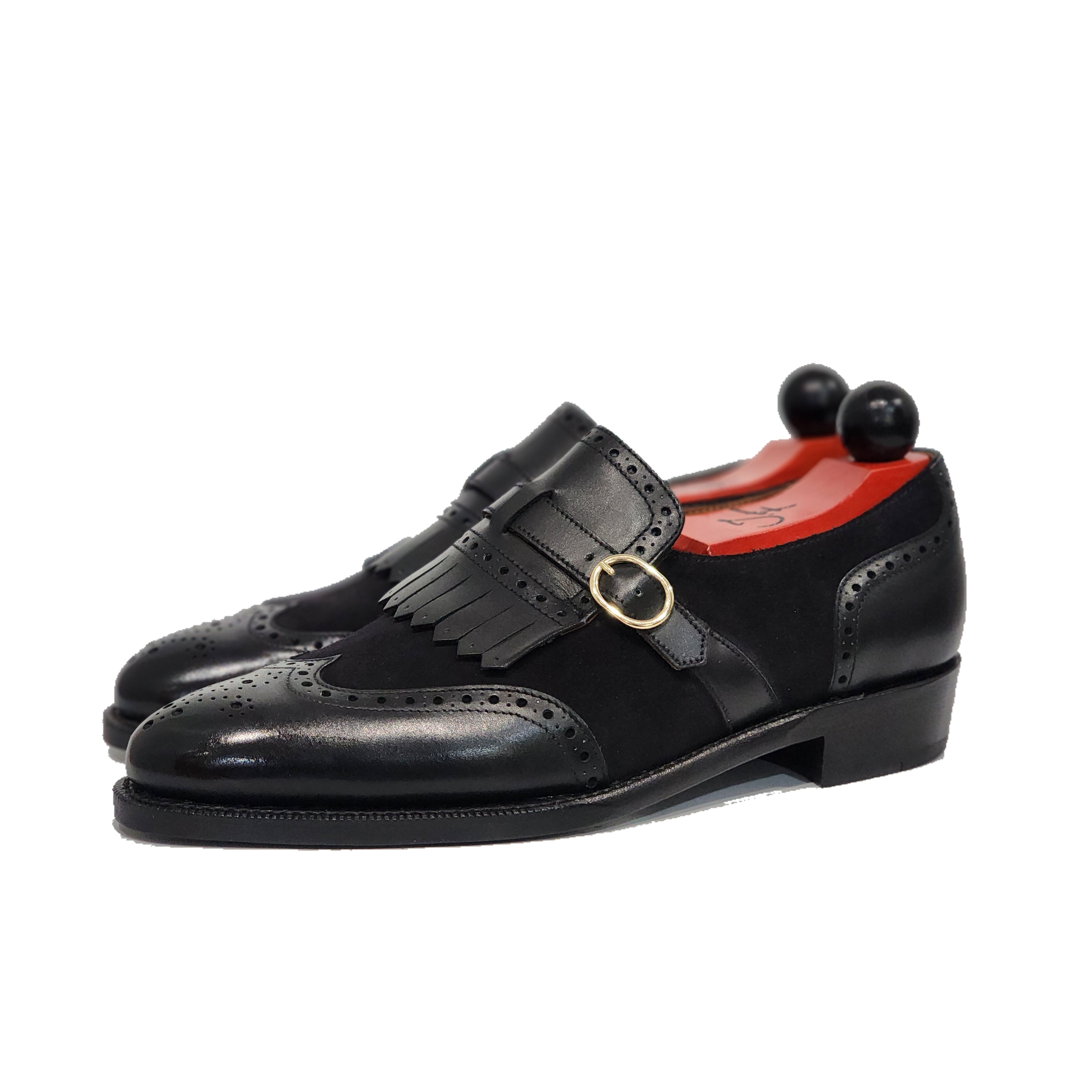 Camano MTO - Black Calf / Black Suede-Made To Order Single Monkstrap Wingtip Brogue-J.FitzPatrick Footwear