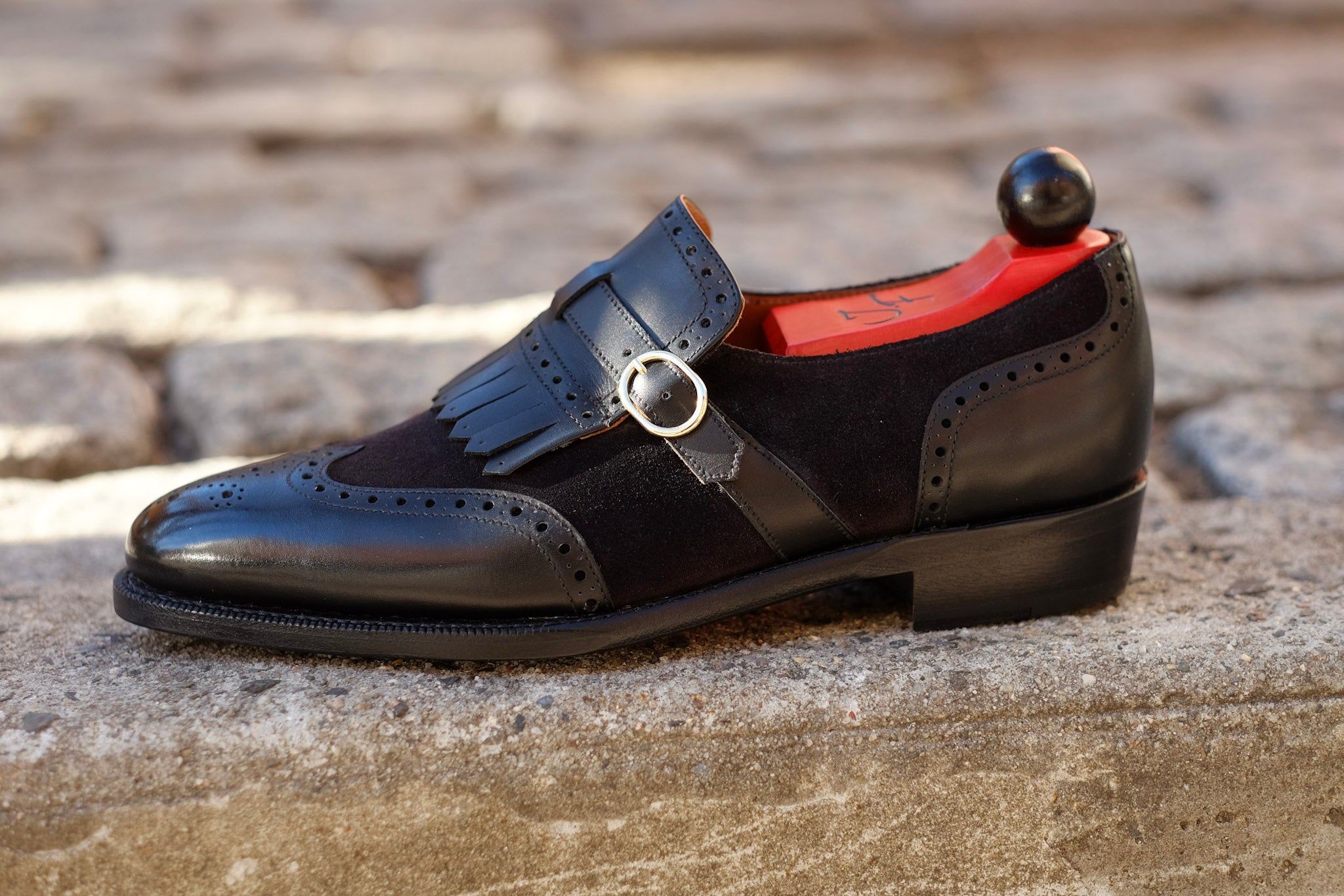 Camano MTO - Black Calf / Black Suede-Made To Order Single Monkstrap Wingtip Brogue-J.FitzPatrick Footwear