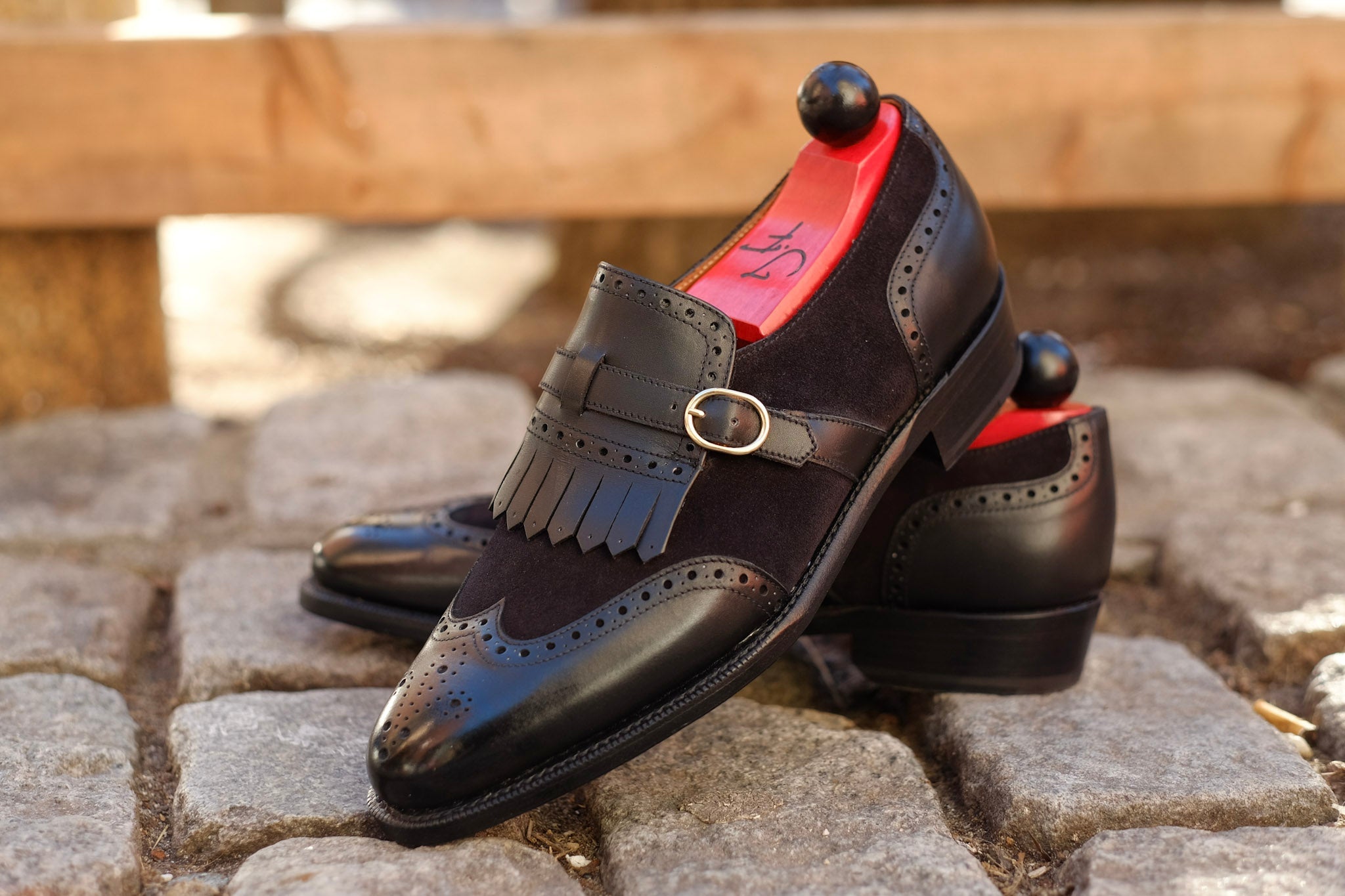 Camano MTO - Black Calf / Black Suede-Made To Order Single Monkstrap Wingtip Brogue-J.FitzPatrick Footwear