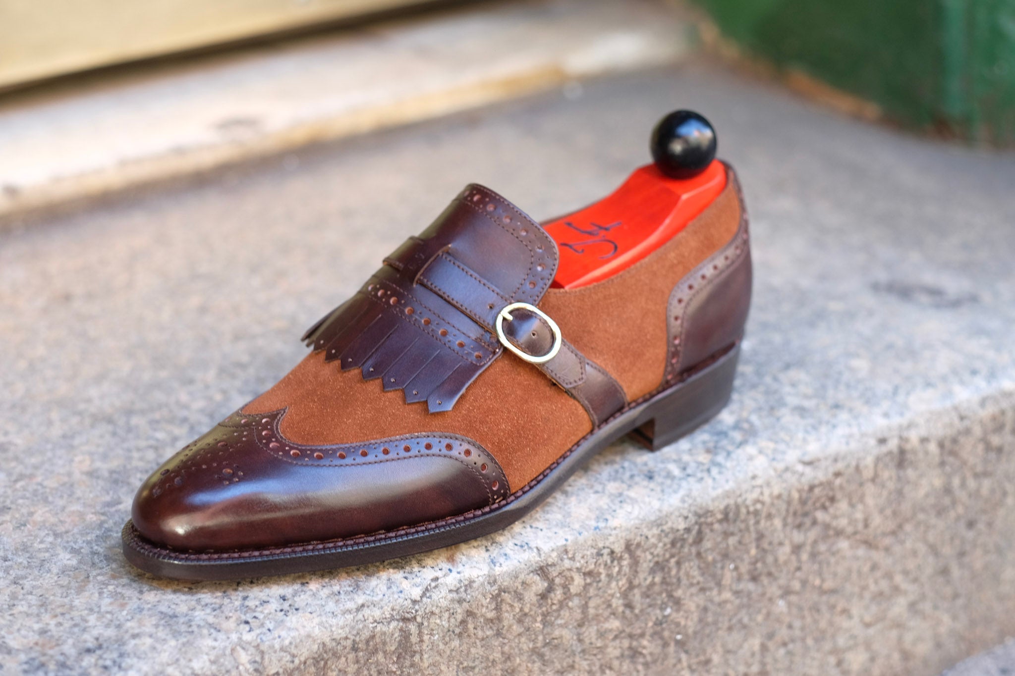 Camano MTO - Dark Mahogany Calf / Snuff Suede-Made To Order Single Monkstrap Wingtip Brogue-J.FitzPatrick Footwear
