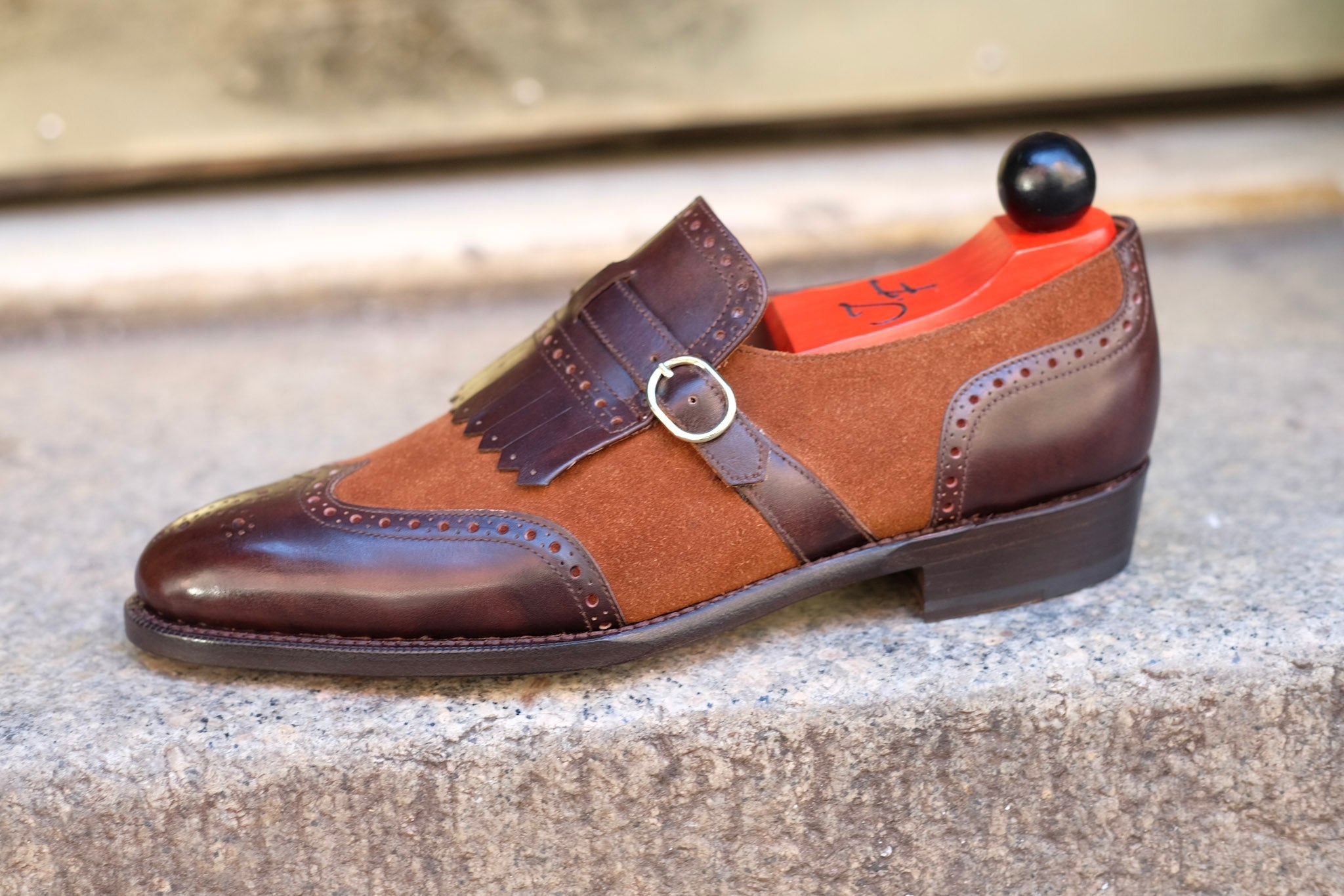 Camano MTO - Dark Mahogany Calf / Snuff Suede-Made To Order Single Monkstrap Wingtip Brogue-J.FitzPatrick Footwear