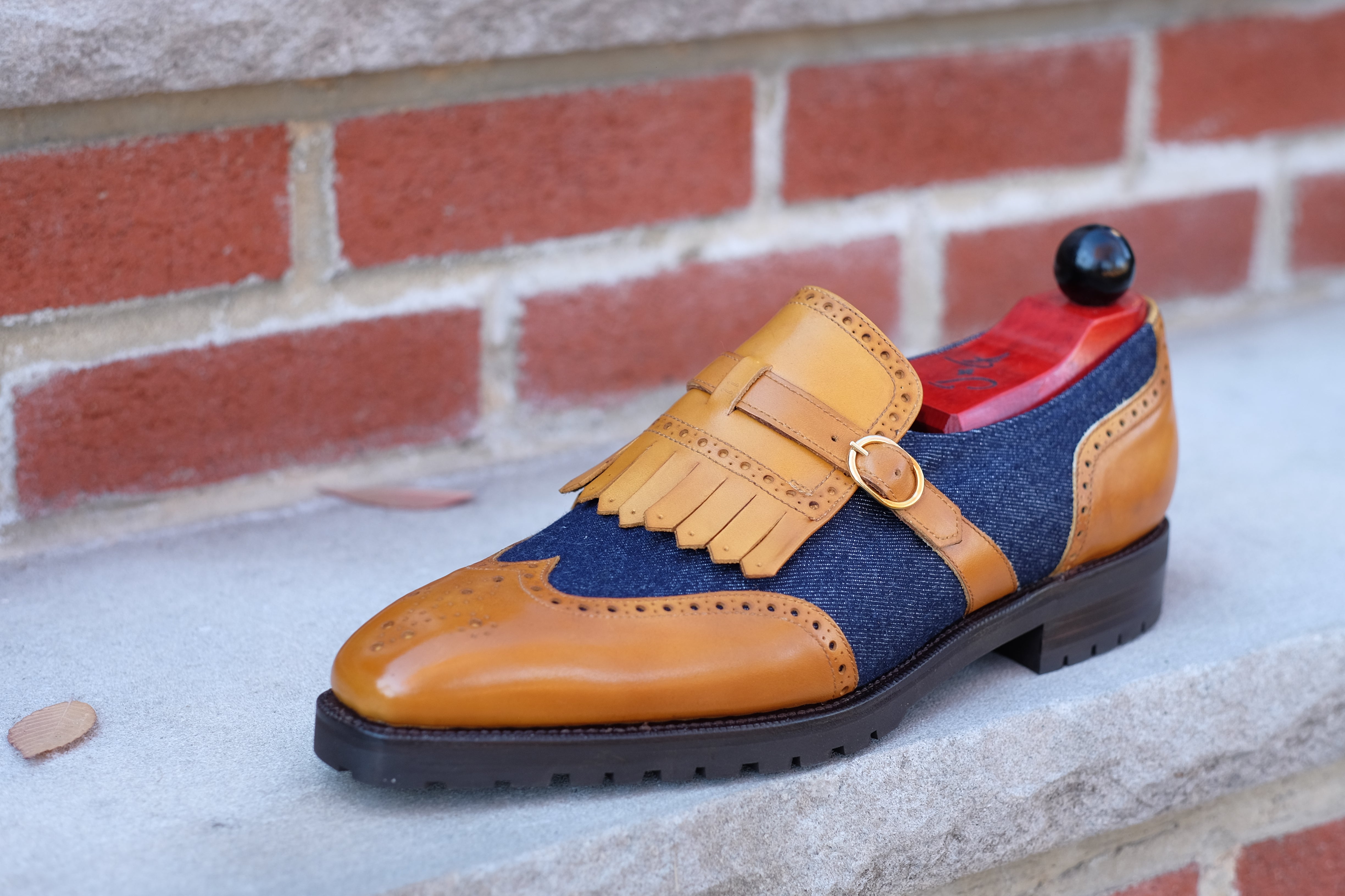 Camano MTO - Shaded Tan Calf / Denim-Made To Order Single Monkstrap Medallion-J.FitzPatrick Footwear