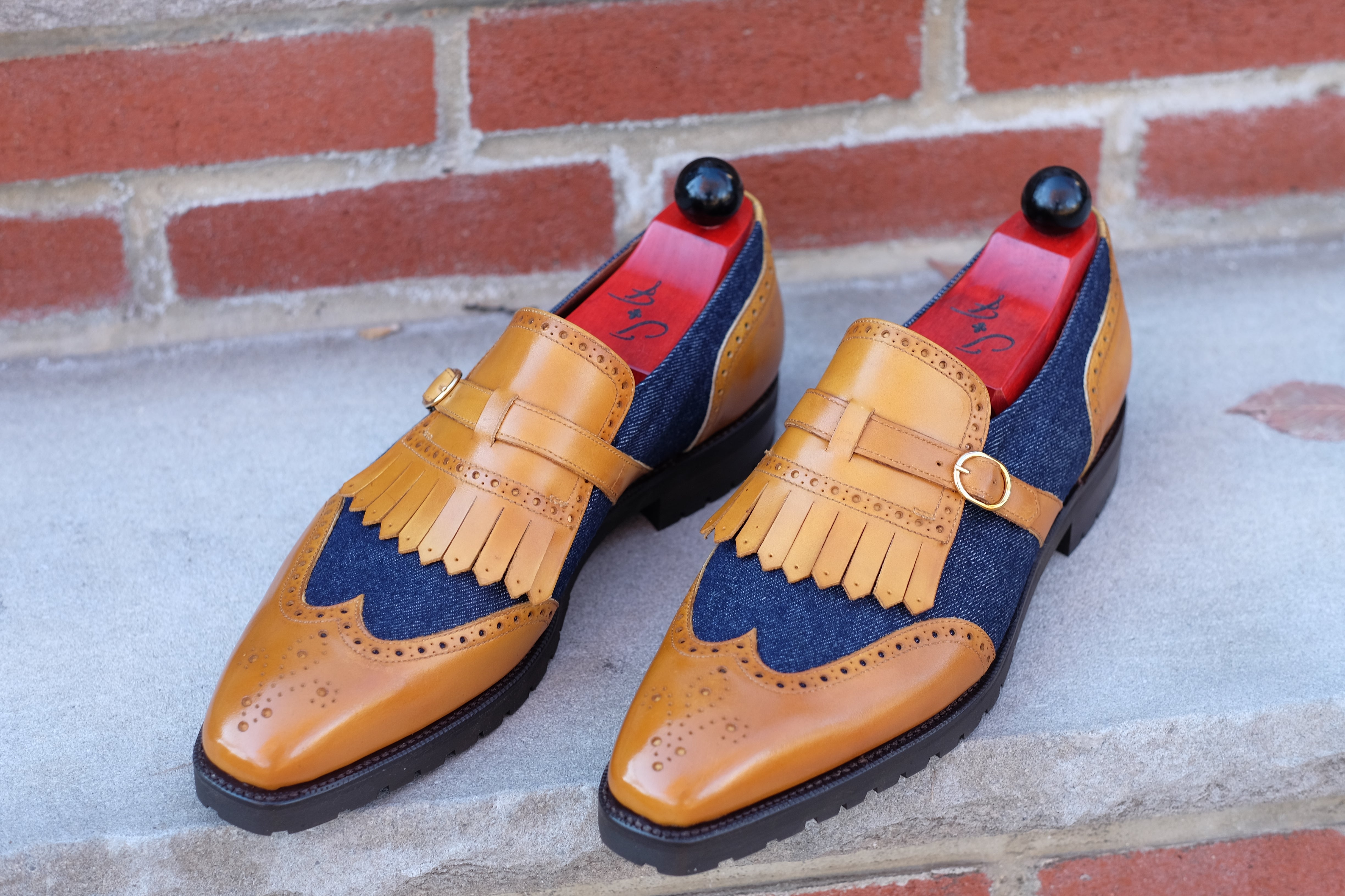 Camano MTO - Shaded Tan Calf / Denim-Made To Order Single Monkstrap Medallion-J.FitzPatrick Footwear