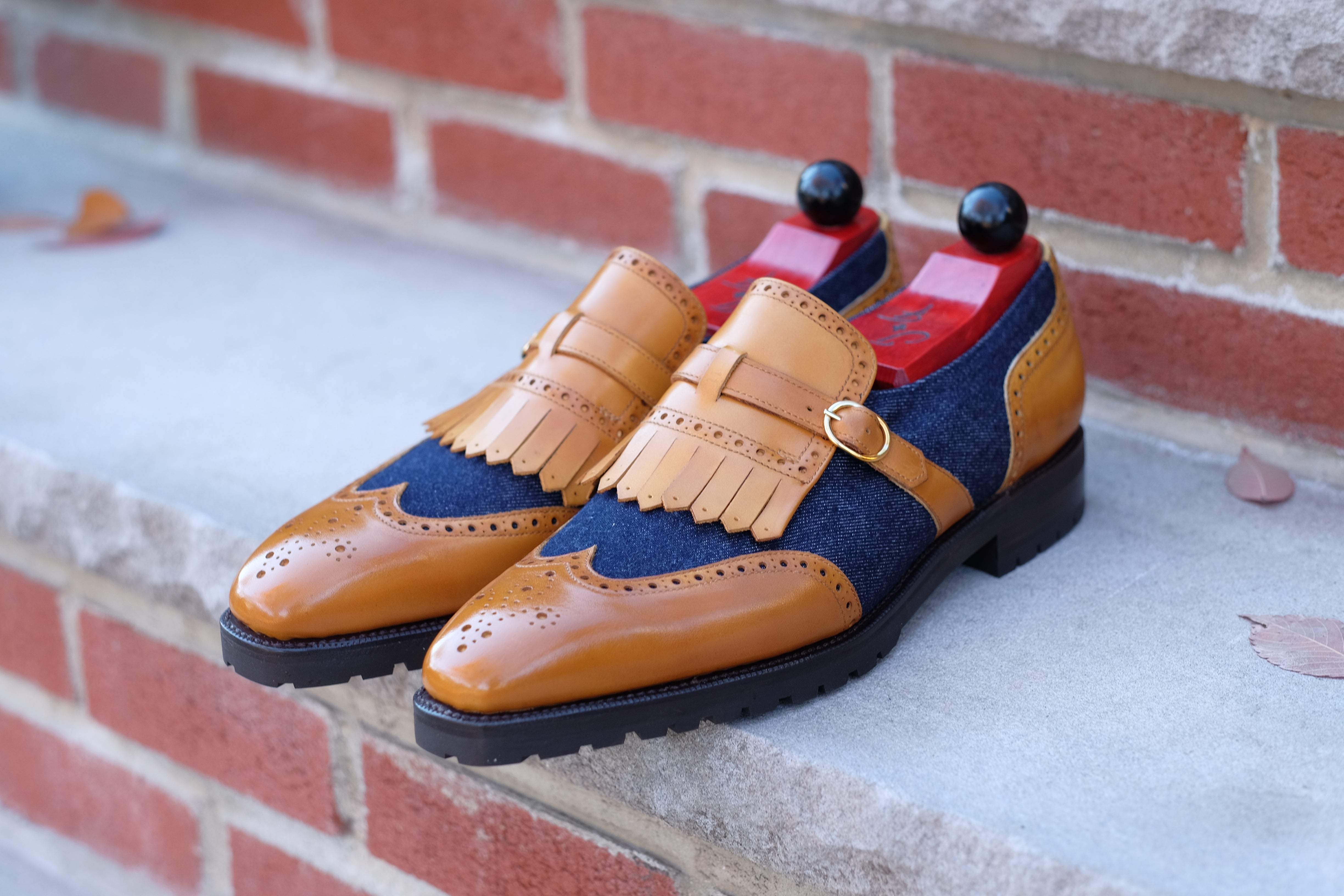 Camano MTO - Shaded Tan Calf / Denim-Made To Order Single Monkstrap Medallion-J.FitzPatrick Footwear