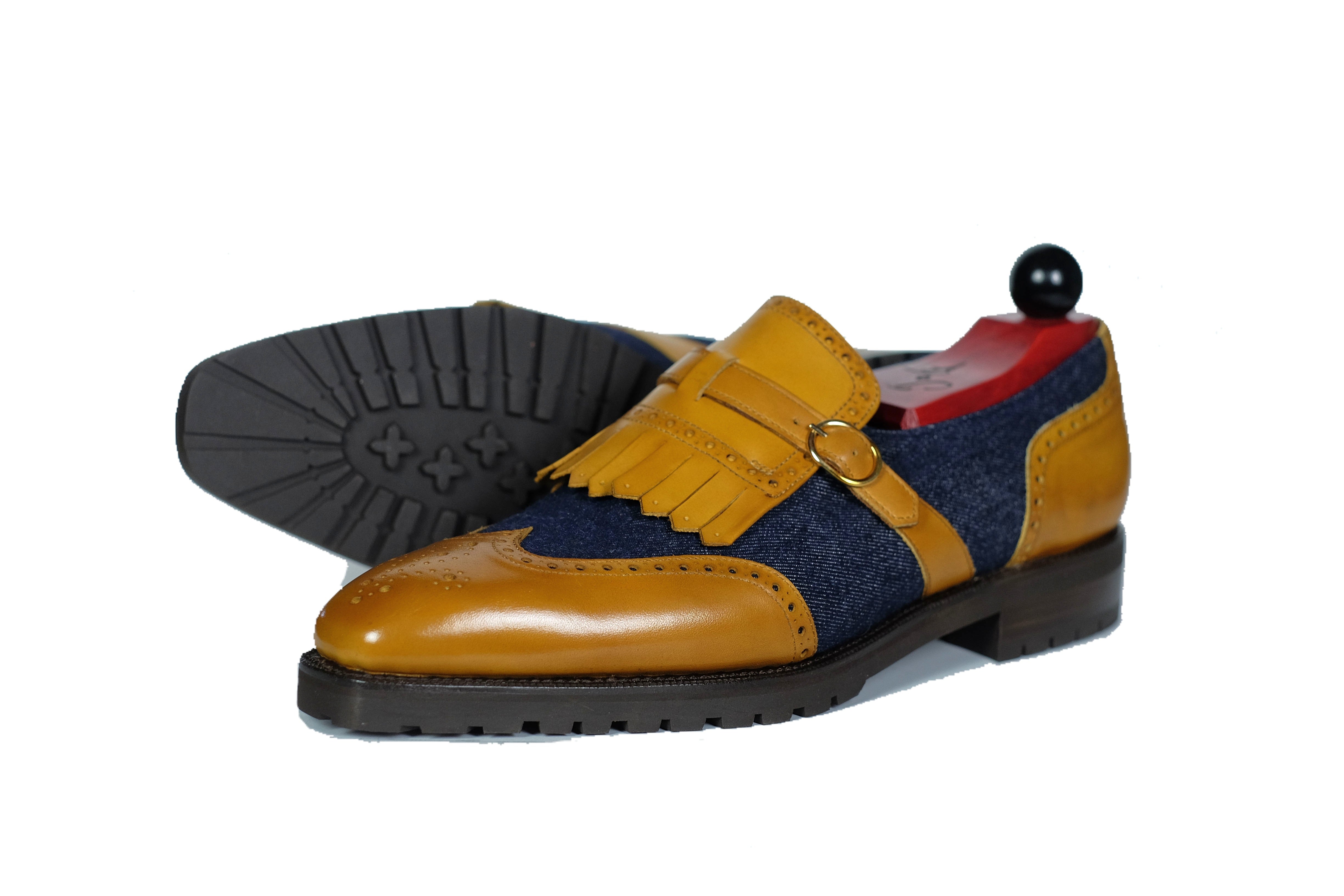 Camano MTO - Shaded Tan Calf / Denim-Made To Order Single Monkstrap Medallion-J.FitzPatrick Footwear