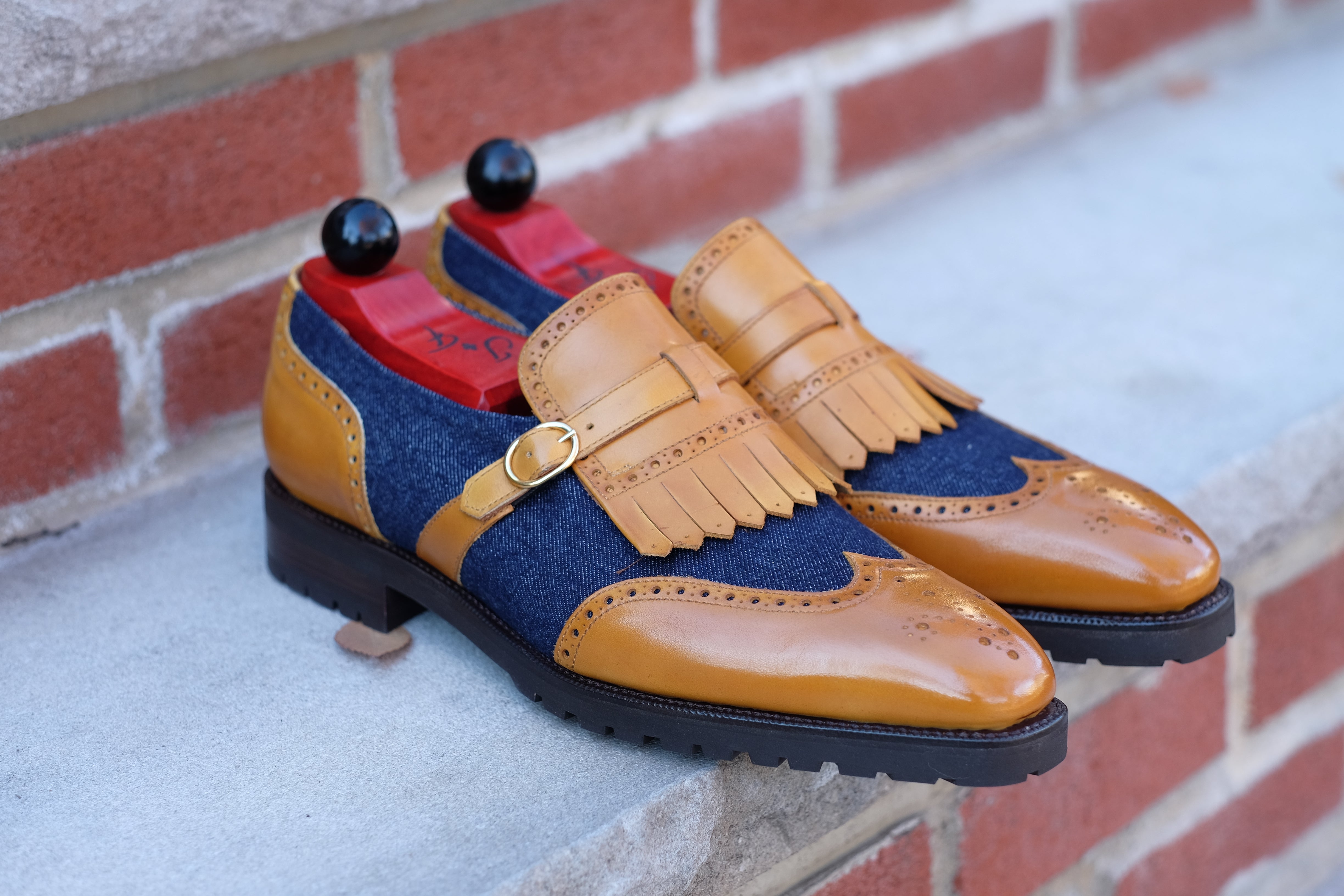 Camano MTO - Shaded Tan Calf / Denim-Made To Order Single Monkstrap Medallion-J.FitzPatrick Footwear