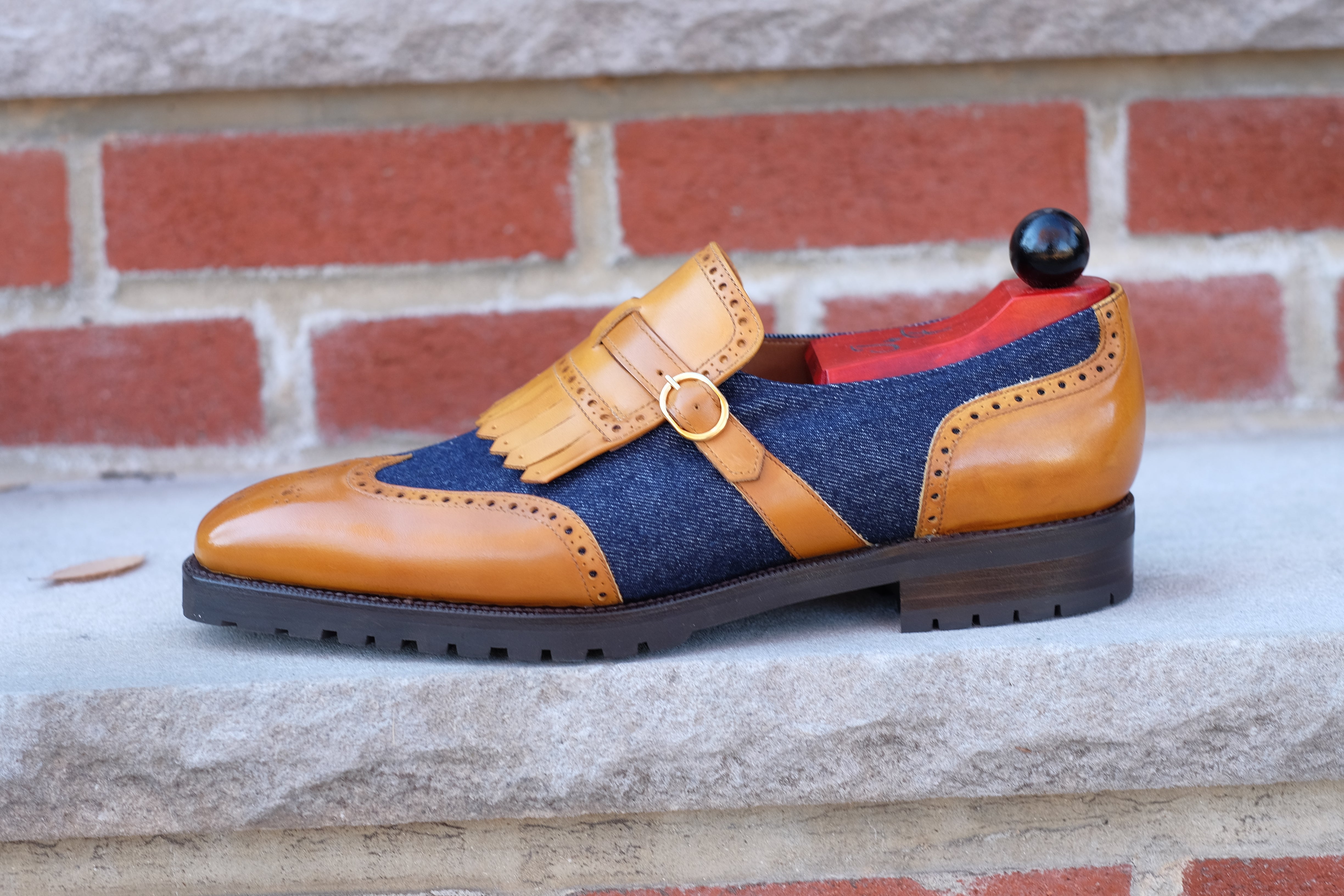 Camano MTO - Shaded Tan Calf / Denim-Made To Order Single Monkstrap Medallion-J.FitzPatrick Footwear