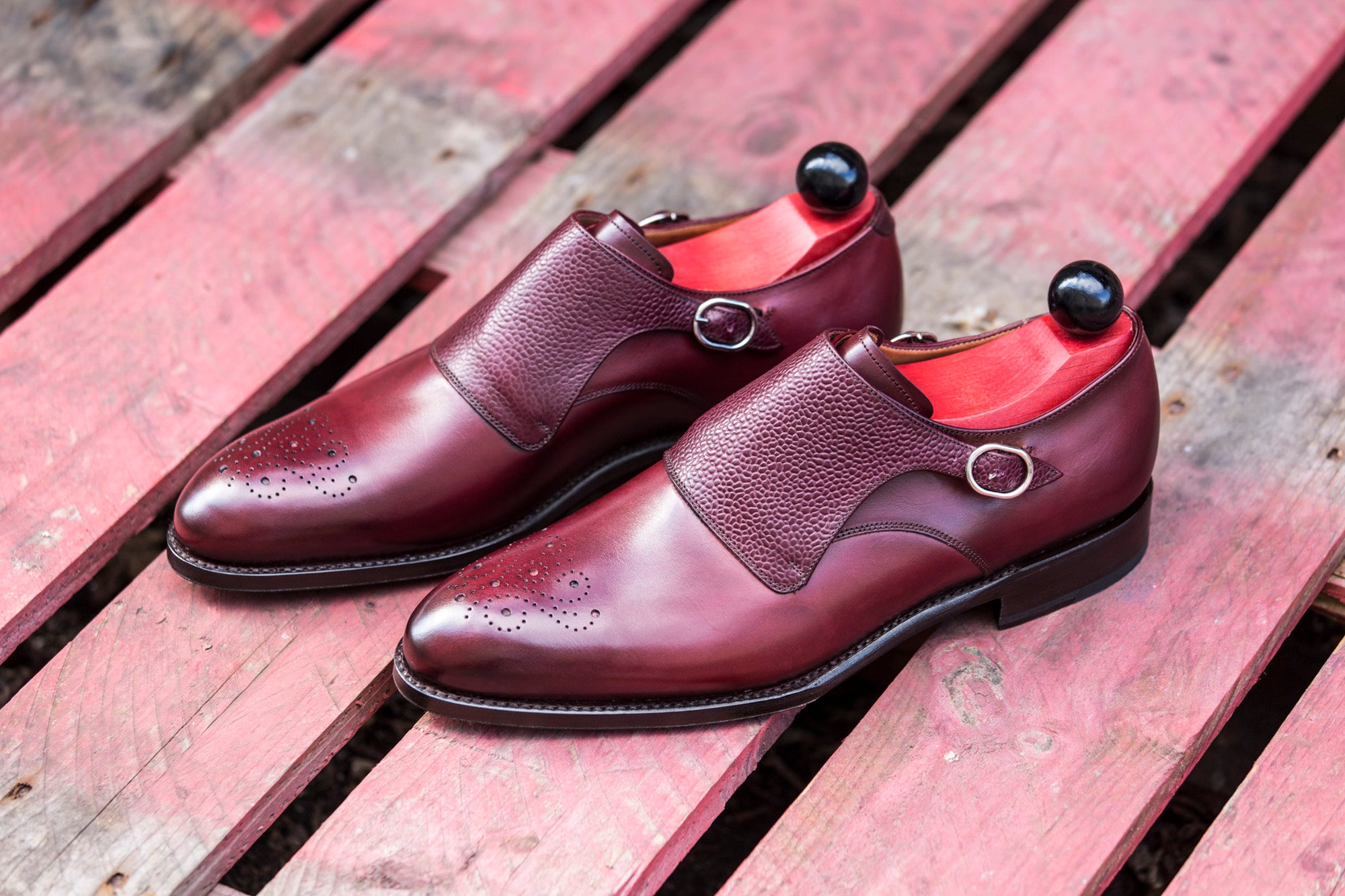 Corliss - MTO - Burgundy Calf / Burgundy Grain-Made To Order Single Monkstrap Medallion-J.FitzPatrick Footwear