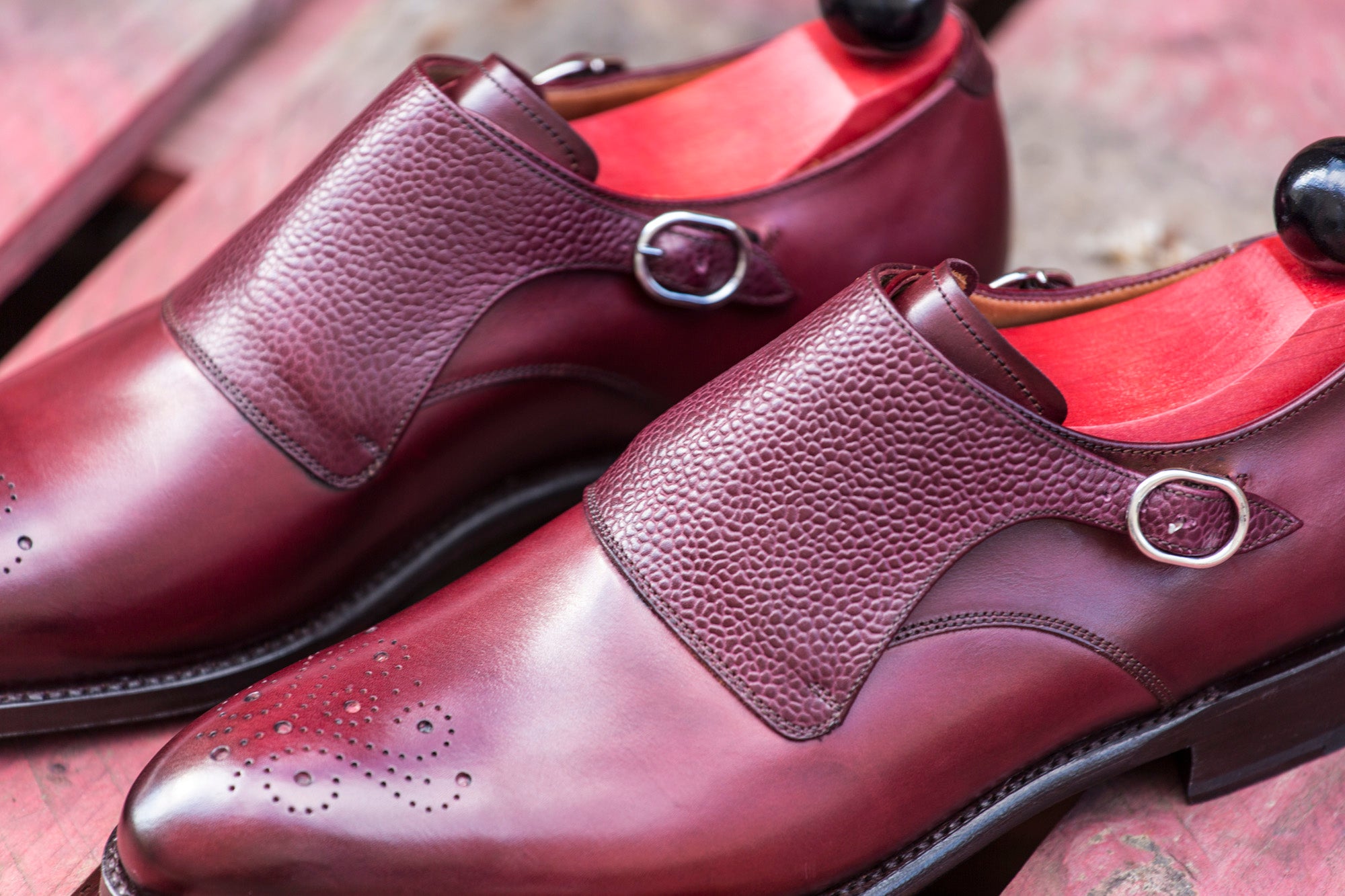 Corliss - MTO - Burgundy Calf / Burgundy Grain-Made To Order Single Monkstrap Medallion-J.FitzPatrick Footwear