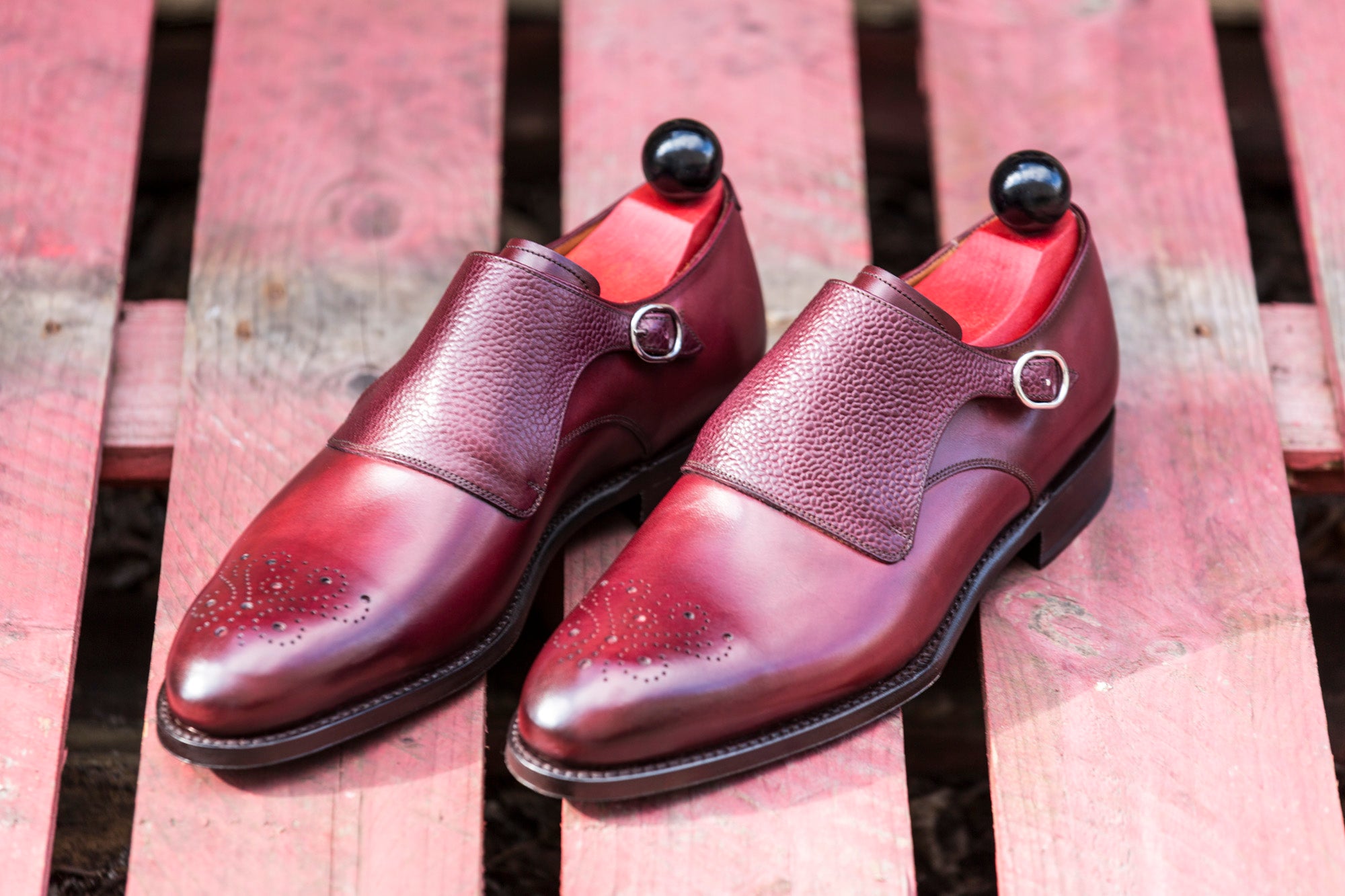 Corliss - MTO - Burgundy Calf / Burgundy Grain-Made To Order Single Monkstrap Medallion-J.FitzPatrick Footwear