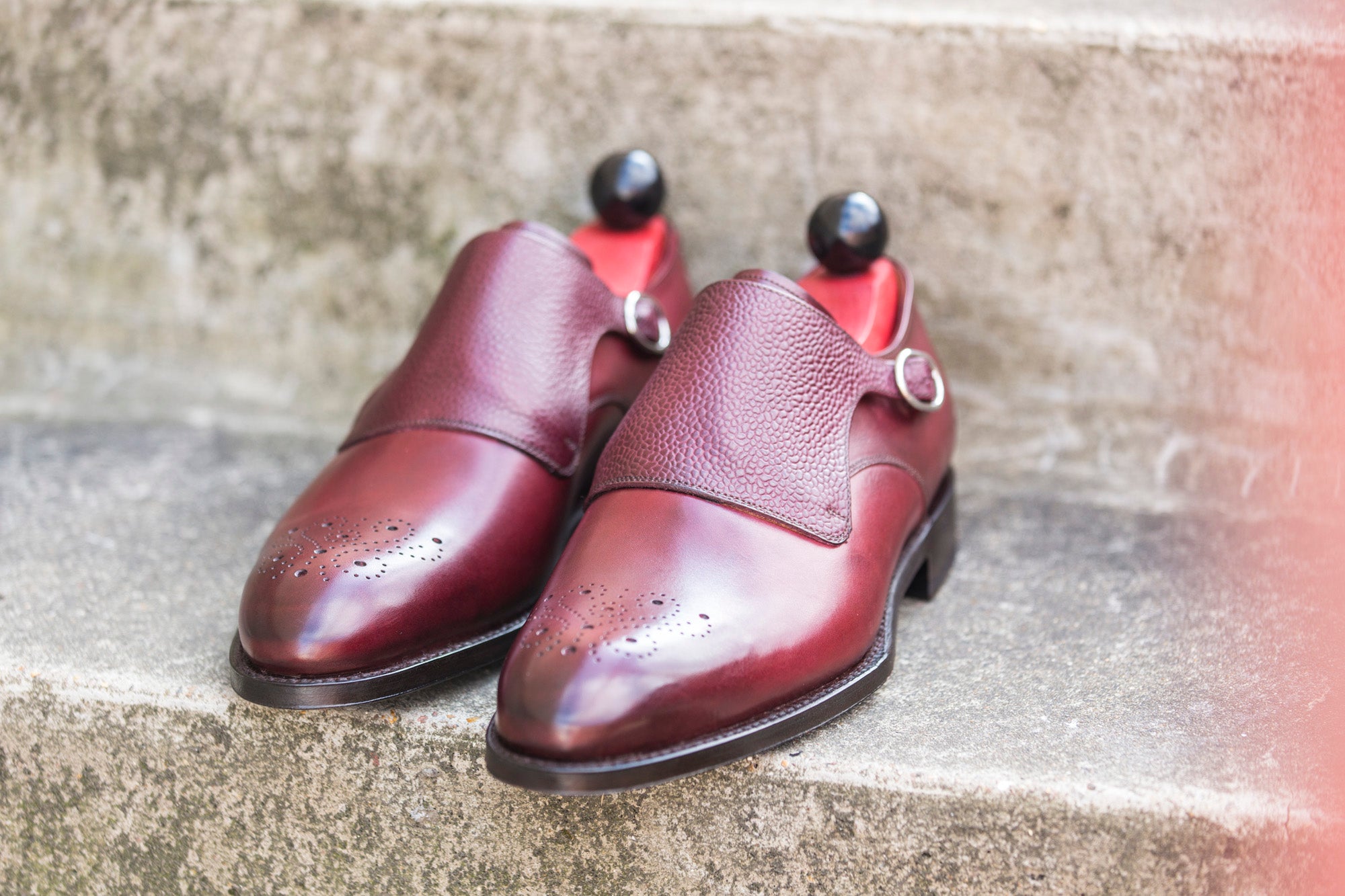 Corliss - MTO - Burgundy Calf / Burgundy Grain-Made To Order Single Monkstrap Medallion-J.FitzPatrick Footwear