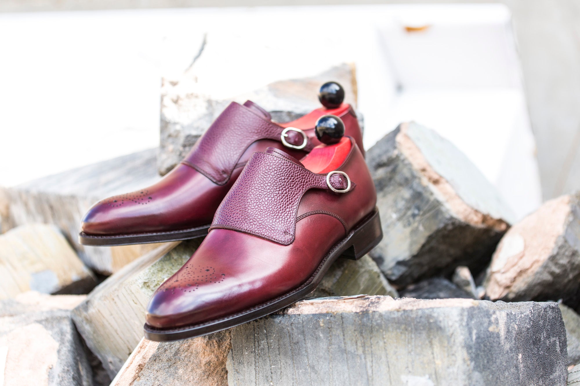 Corliss - MTO - Burgundy Calf / Burgundy Grain-Made To Order Single Monkstrap Medallion-J.FitzPatrick Footwear