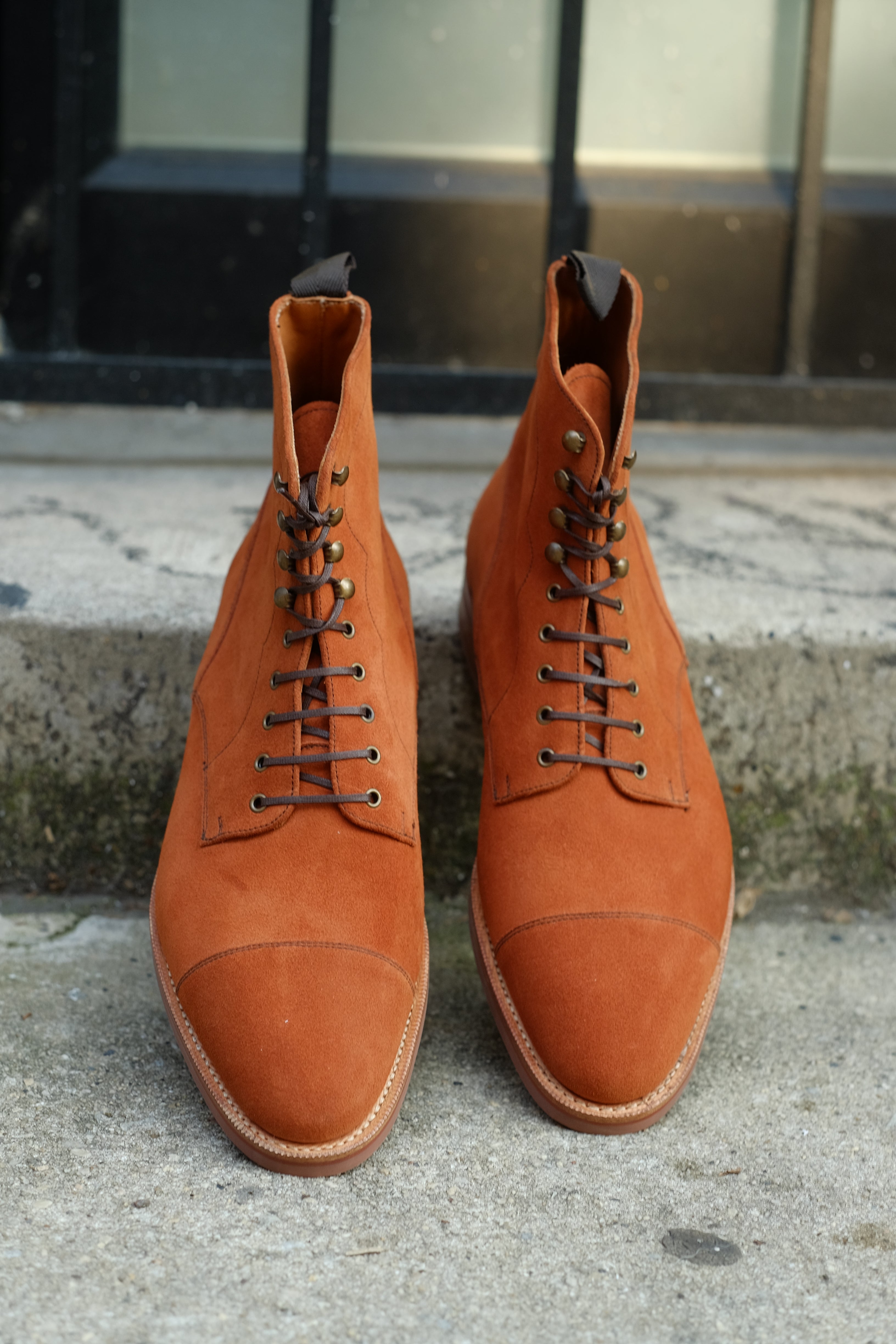 Delridge - MTO - Cinnamon Suede - TMG Last - Single Brick Country Rubber Sole-Made To Order Boot Derby Cap Toe-J.FitzPatrick Footwear
