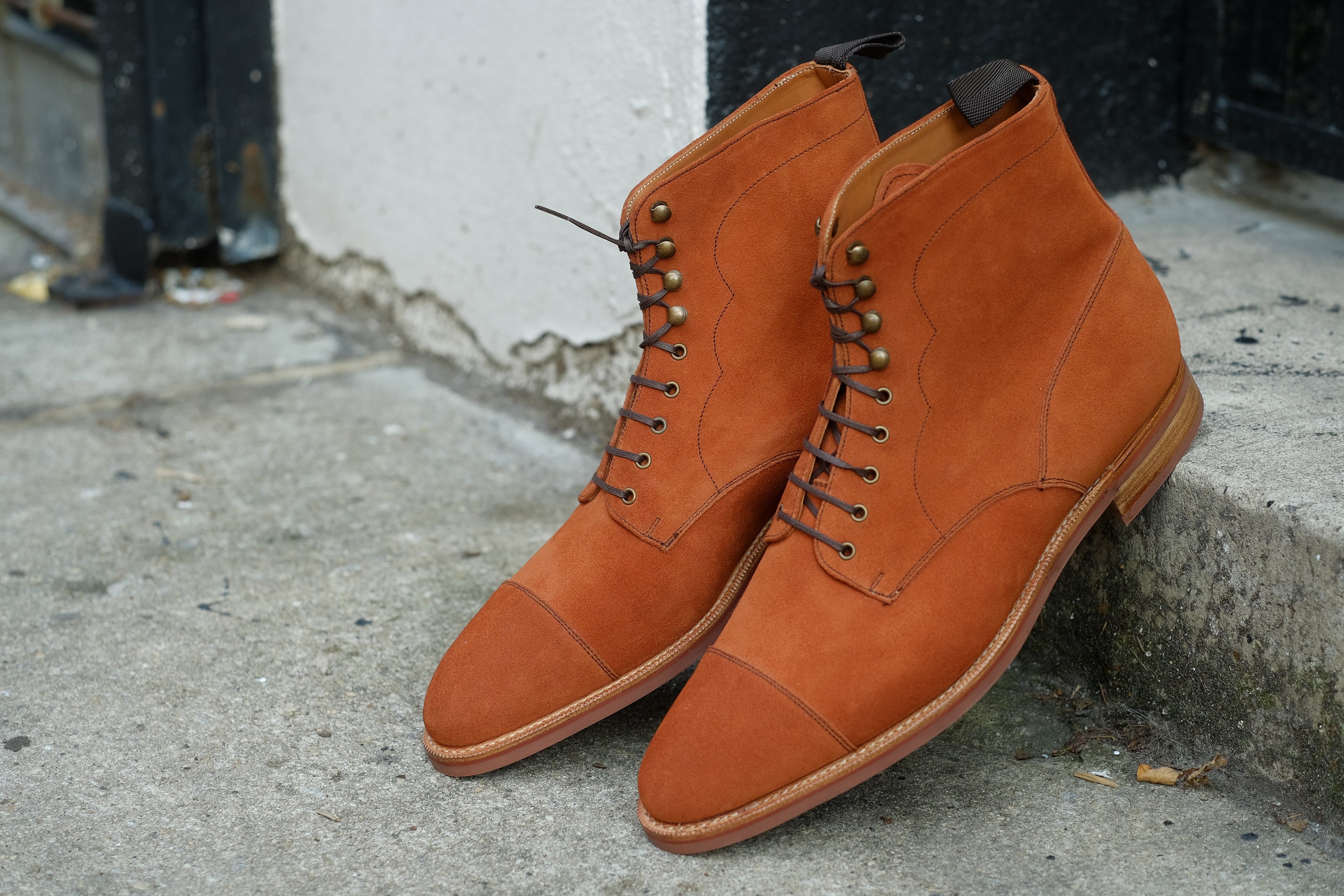Delridge - MTO - Cinnamon Suede - TMG Last - Single Brick Country Rubber Sole-Made To Order Boot Derby Cap Toe-J.FitzPatrick Footwear