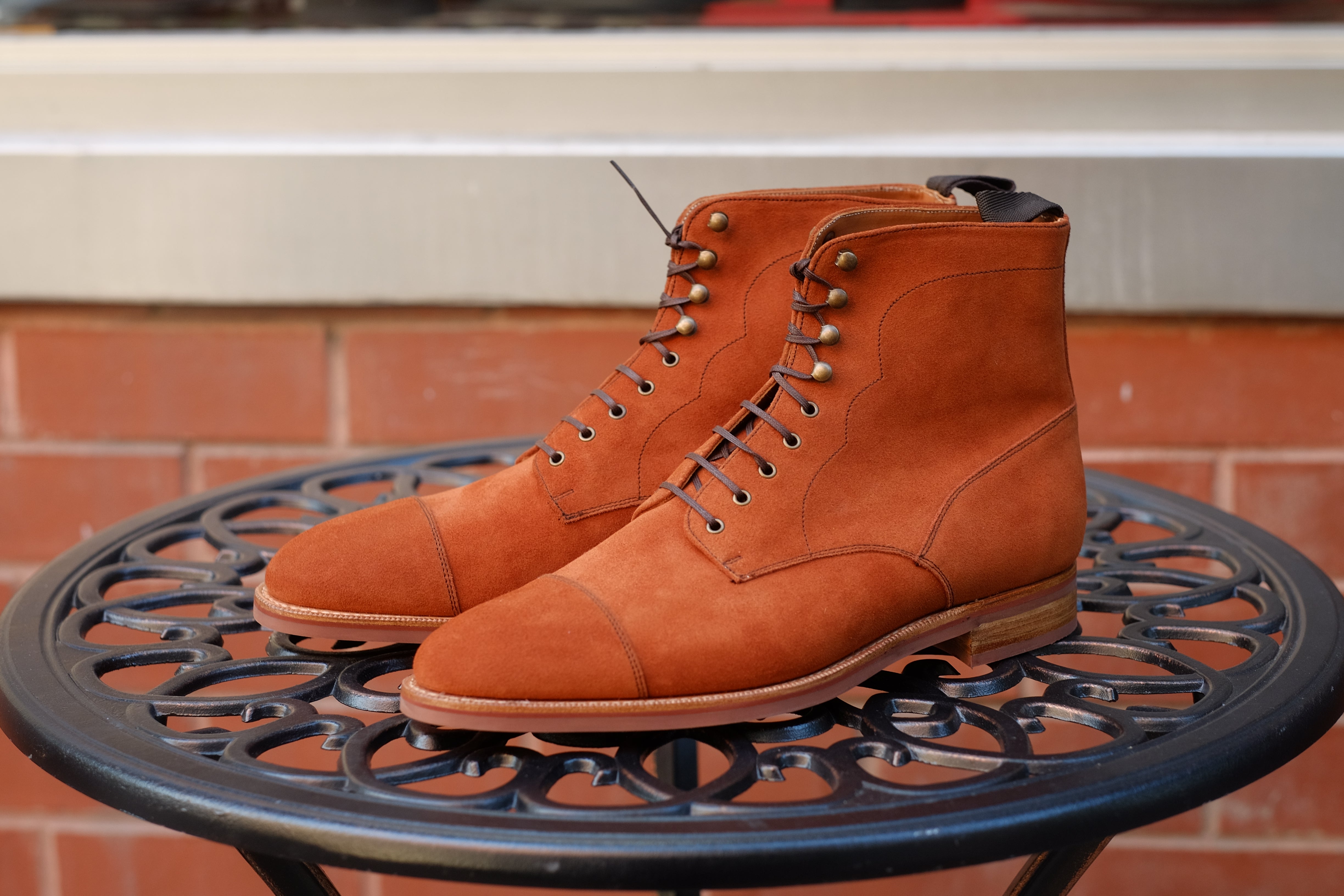 Delridge - MTO - Cinnamon Suede - TMG Last - Single Brick Country Rubber Sole-Made To Order Boot Derby Cap Toe-J.FitzPatrick Footwear