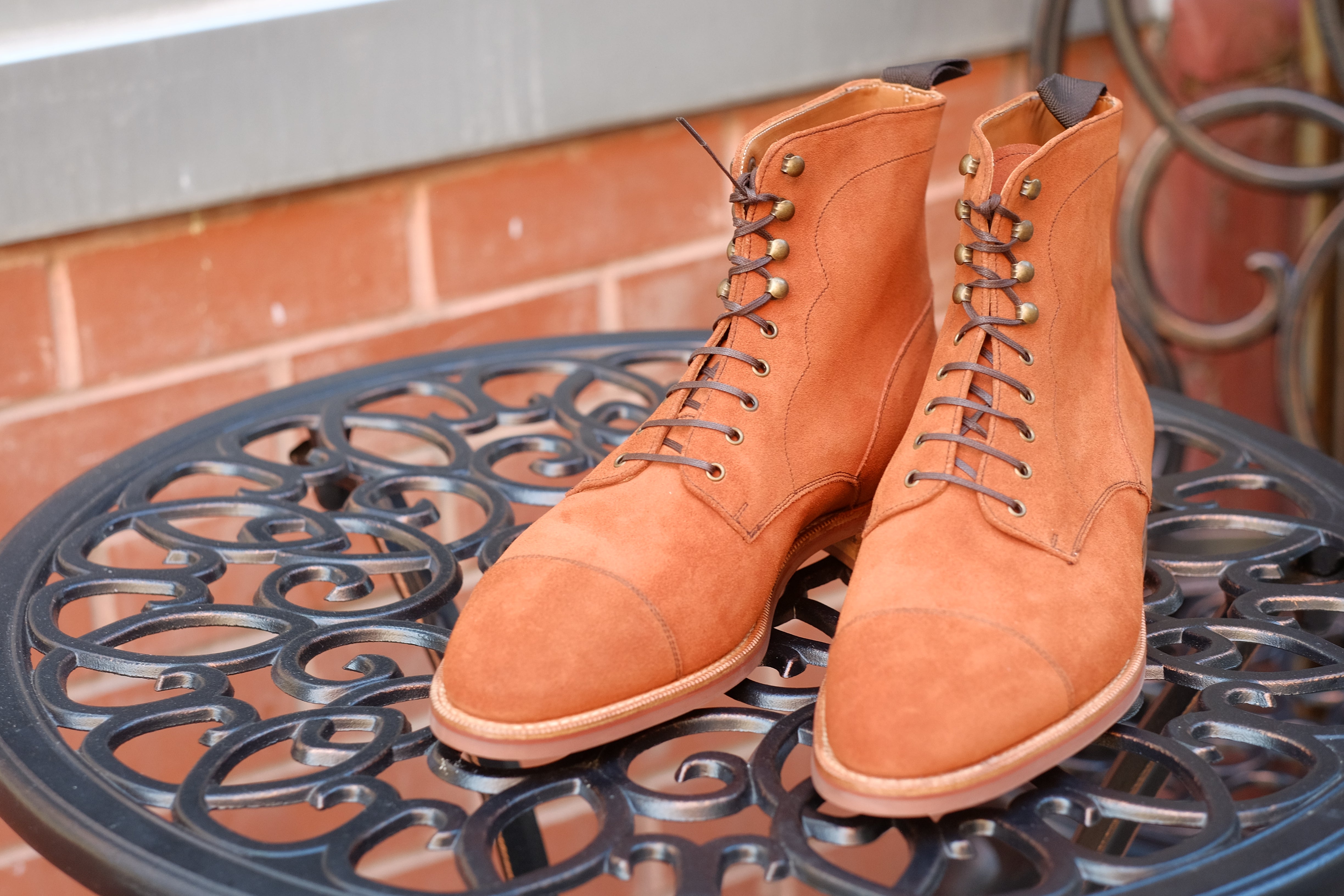 Delridge - MTO - Cinnamon Suede - TMG Last - Single Brick Country Rubber Sole-Made To Order Boot Derby Cap Toe-J.FitzPatrick Footwear