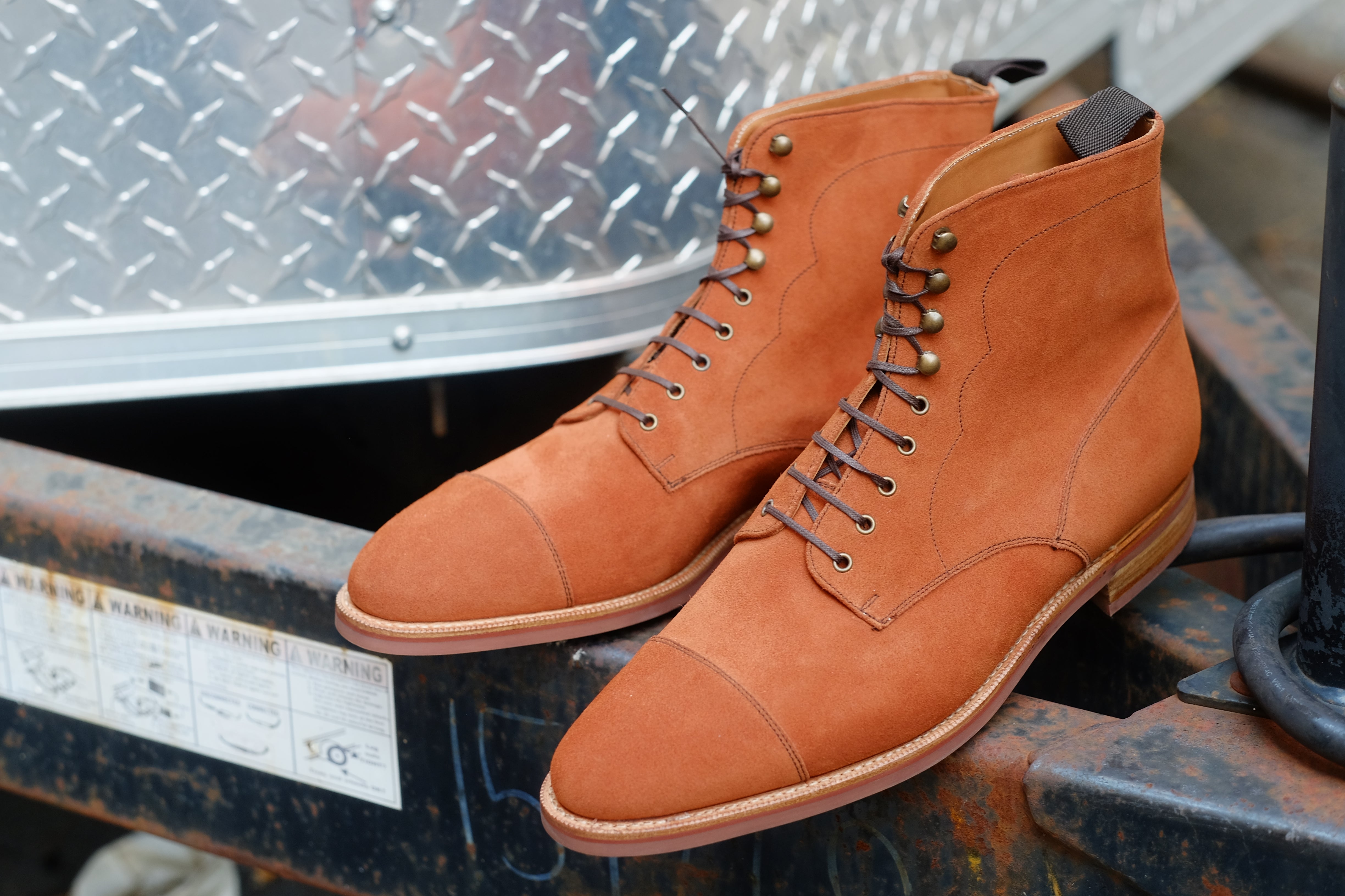 Delridge - MTO - Cinnamon Suede - TMG Last - Single Brick Country Rubber Sole-Made To Order Boot Derby Cap Toe-J.FitzPatrick Footwear