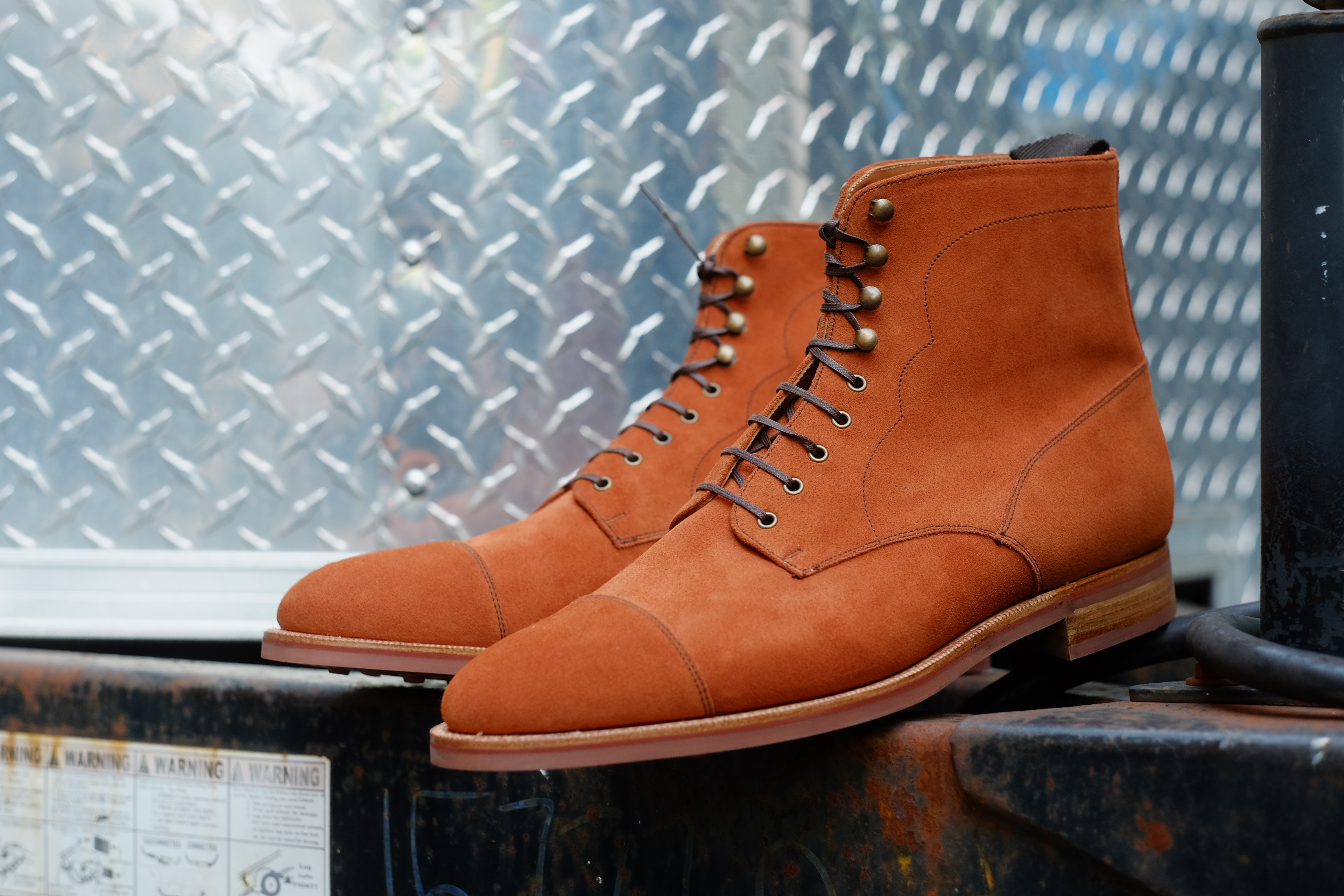 Delridge - MTO - Cinnamon Suede - TMG Last - Single Brick Country Rubber Sole-Made To Order Boot Derby Cap Toe-J.FitzPatrick Footwear