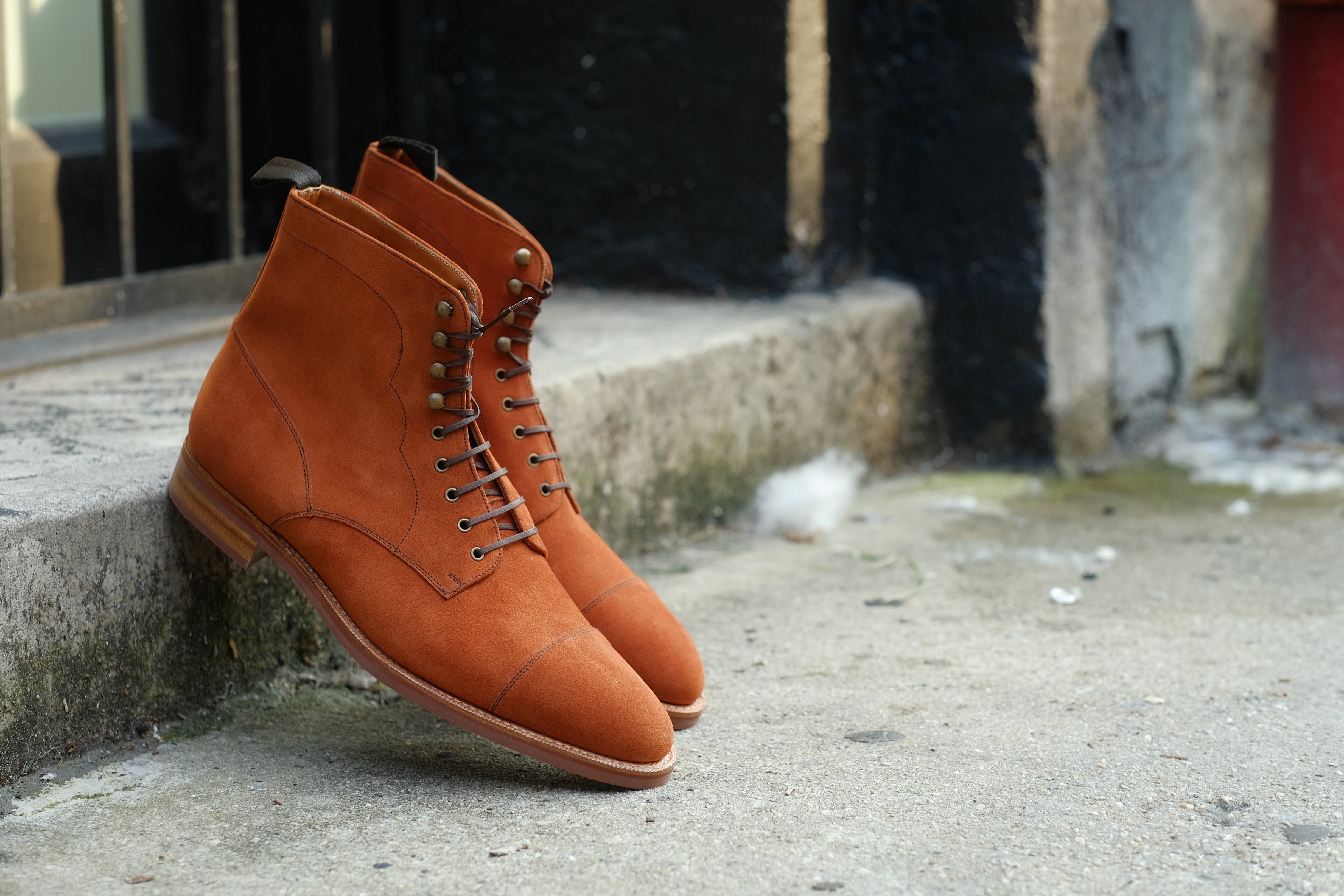 Delridge - MTO - Cinnamon Suede - TMG Last - Single Brick Country Rubber Sole-Made To Order Boot Derby Cap Toe-J.FitzPatrick Footwear
