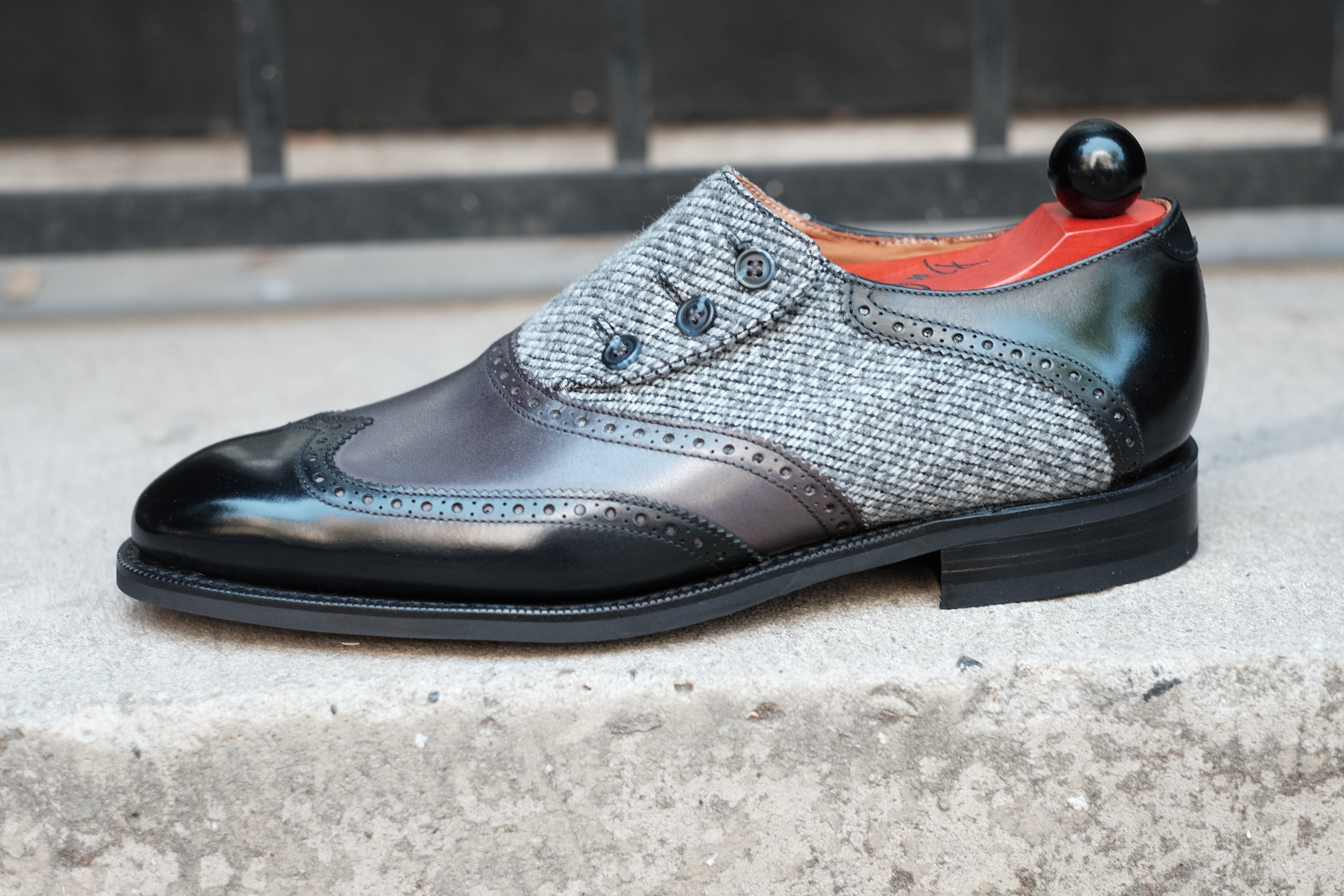 Dorai - MTO - Black Calf / Shaded Grey Calf / Grey Poulsbo - NGT Last - Blue Buttons - Country Rubber Sole-Made To Order Button Shoe Wingtip Brogue-J.FitzPatrick Footwear